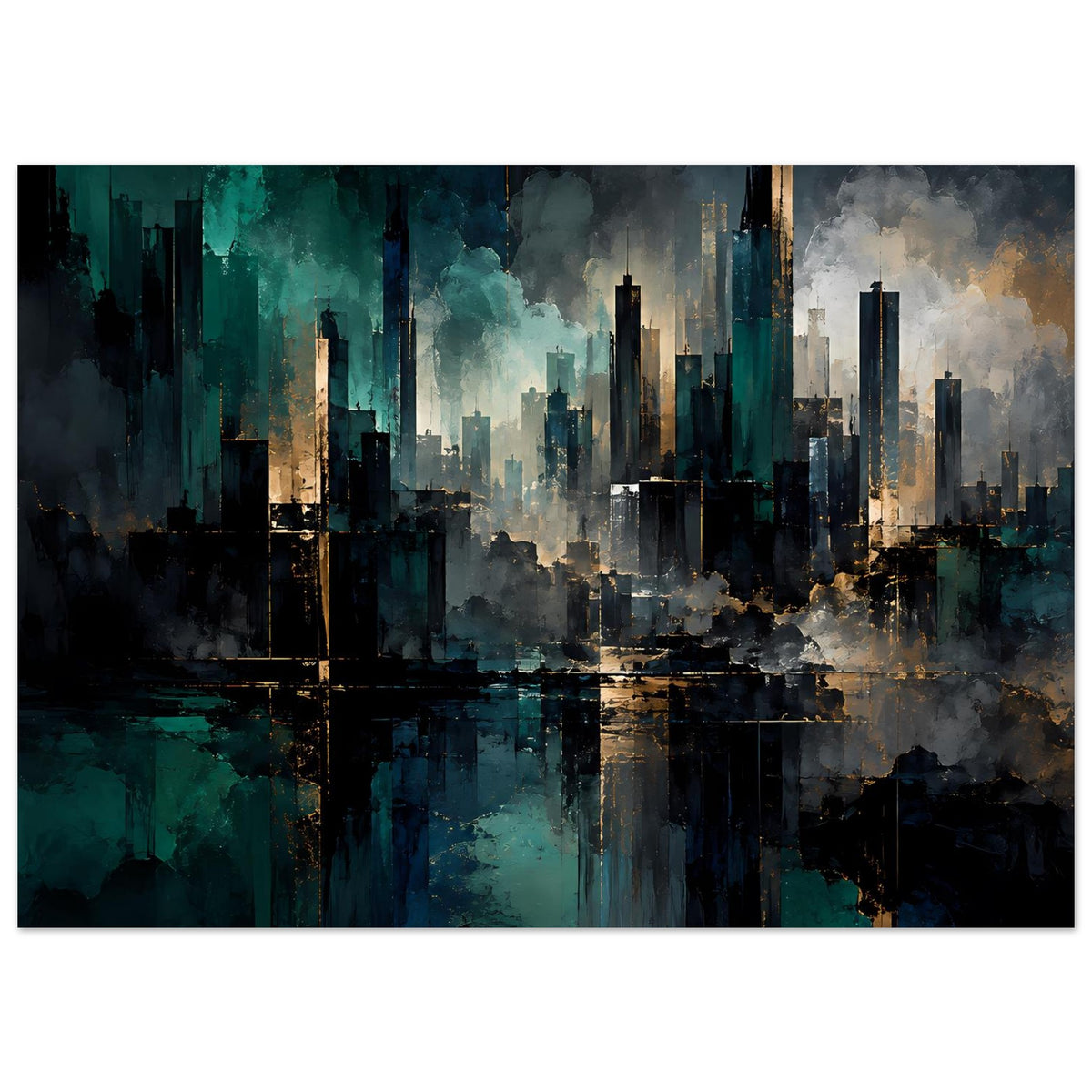 Abstraktes Skyline-Poster mit Nebel, Türmen und Spiegelung in Blaugrün und Gold, Querformat
