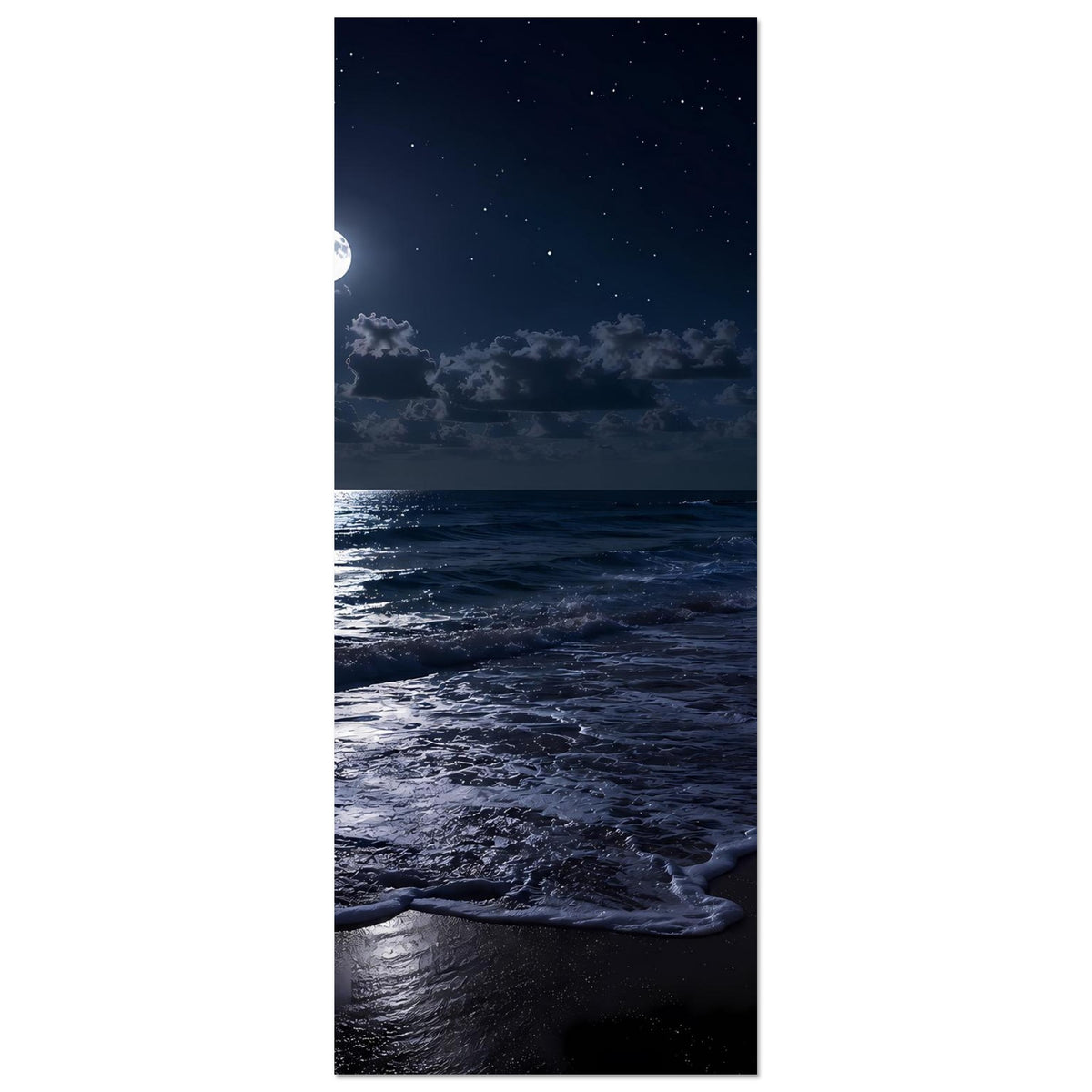 Vertikales Strandposter mit hellem Mond, Sternenhimmel und brechenden Wellen