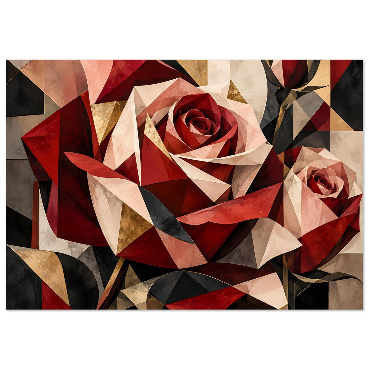 Geometrisches Blumenposter mit Rosenmotiv in Rot und Gold, zwei Rosen, schwarze Akzente, gerahmt