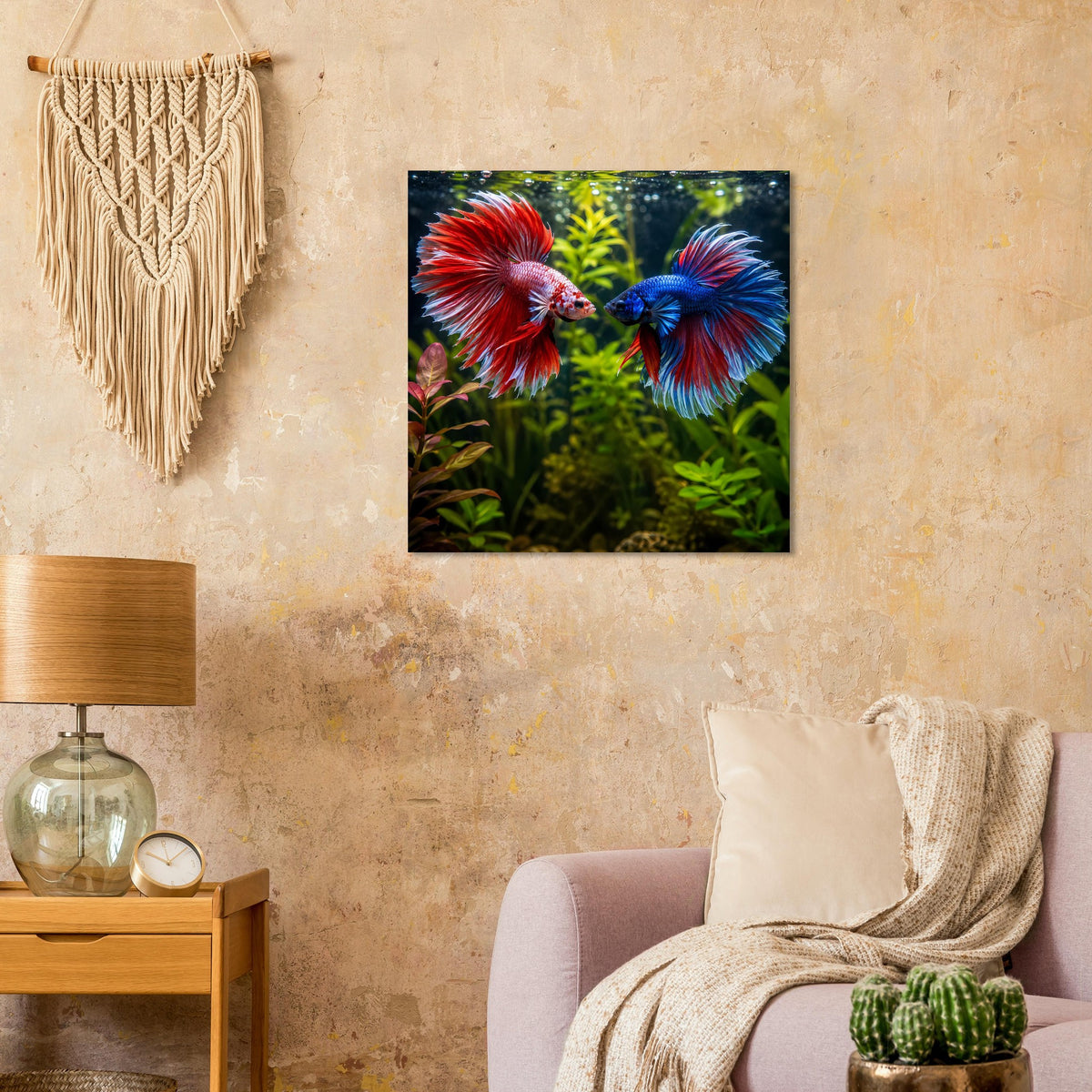 Quadratisches Kunstposter mit zwei Kampffischen, rot und blau, zwischen Pflanzen