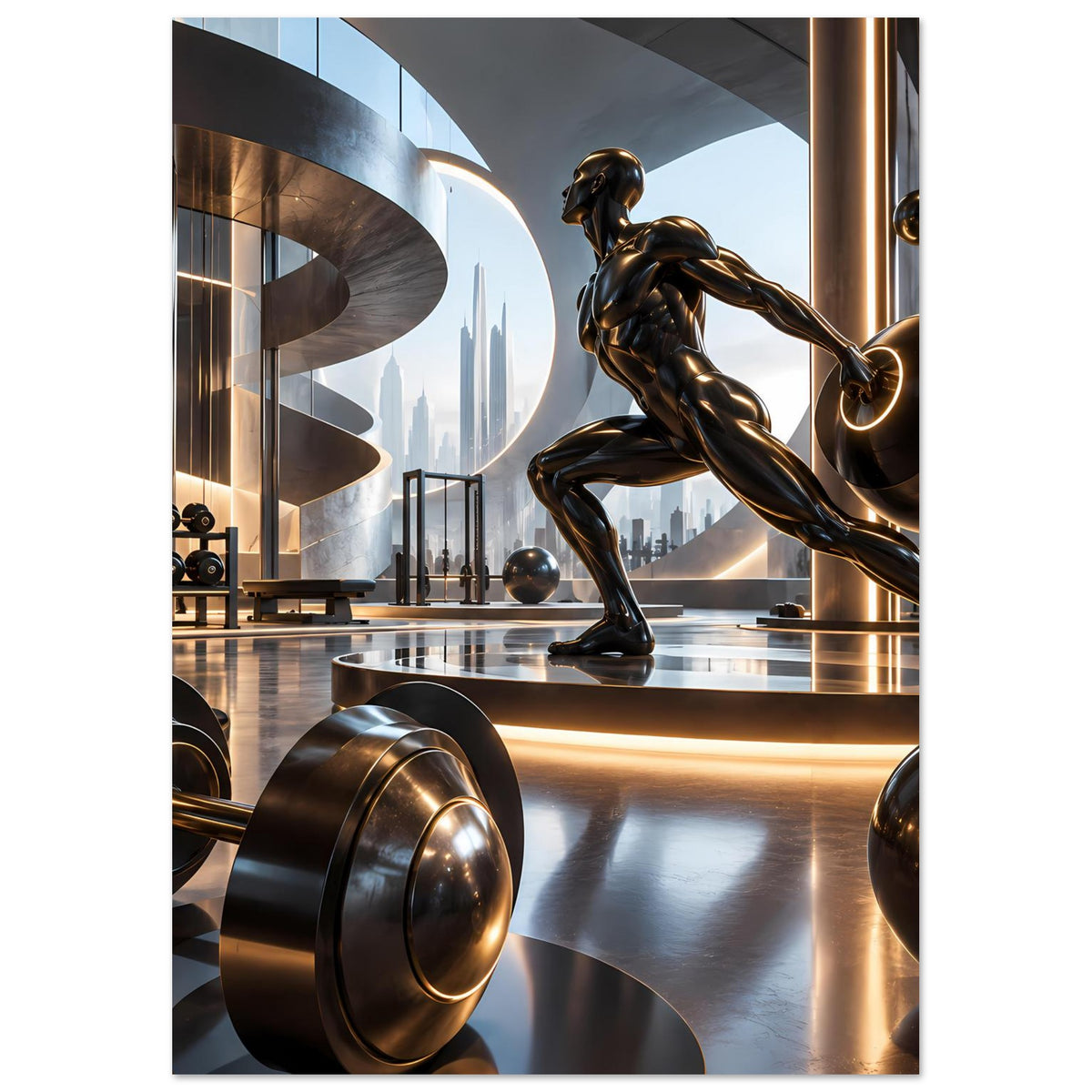 Poster mit bronzener Fitnessstatue, großen Hantelscheiben und futuristischen Linien, senkrecht