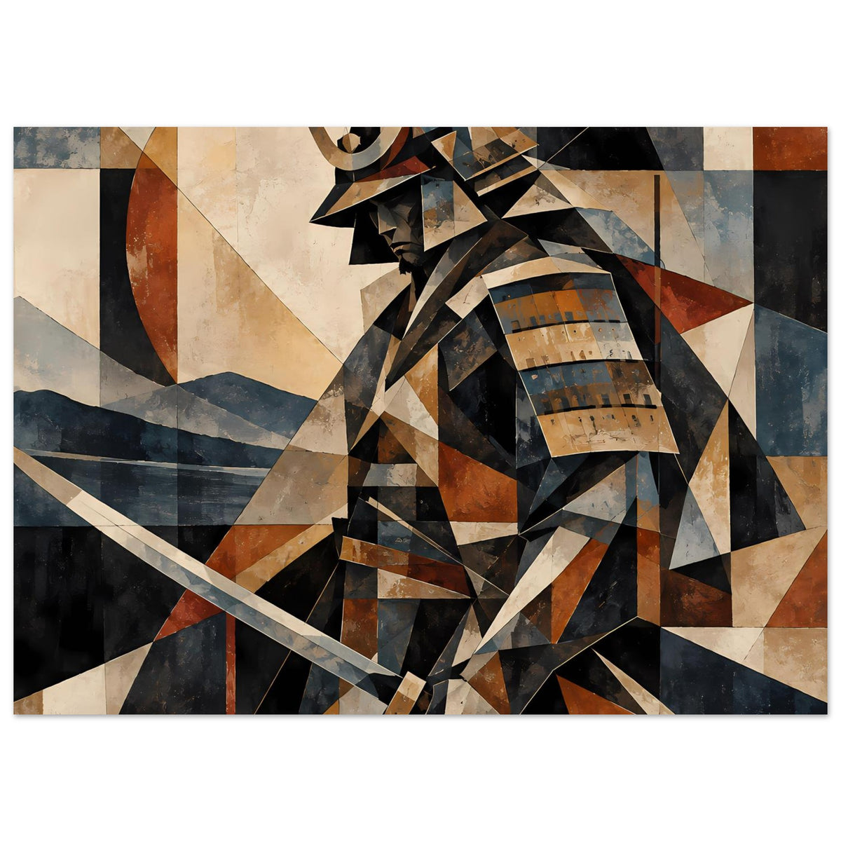Geometrisches Samurai-Krieger-Poster, breites Design mit dynamischen Fragmenten in Braun