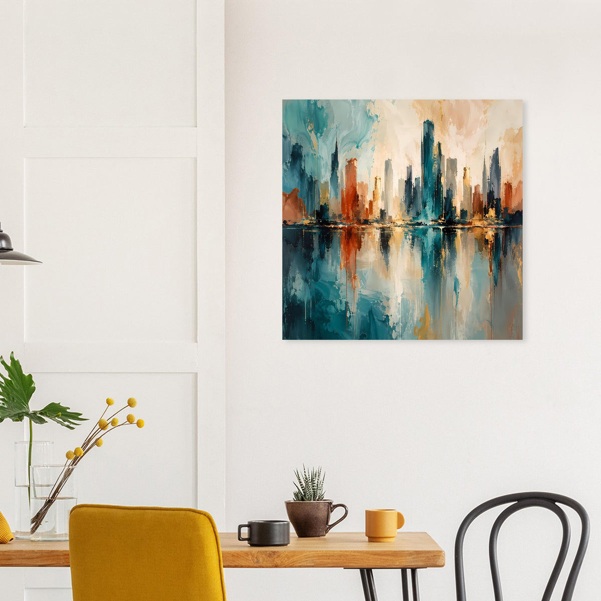Abstraktes Skyline-Poster über Holzkonsole, Blau, Gold und Rosttöne