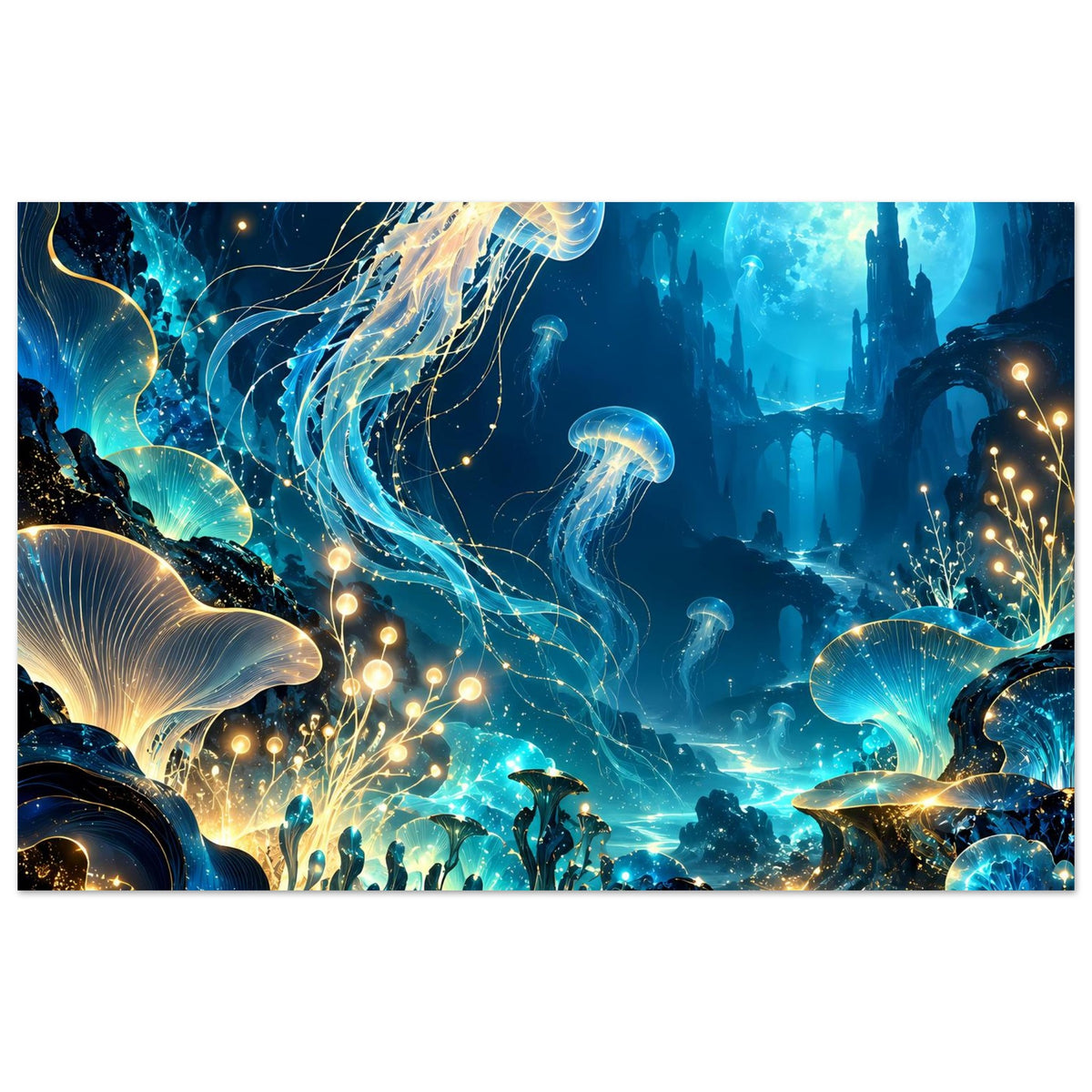 Unterwasserwelt-Poster mit leuchtenden Quallen, Goldlichtern, Korallen und dunklen Säulen im Hintergrund