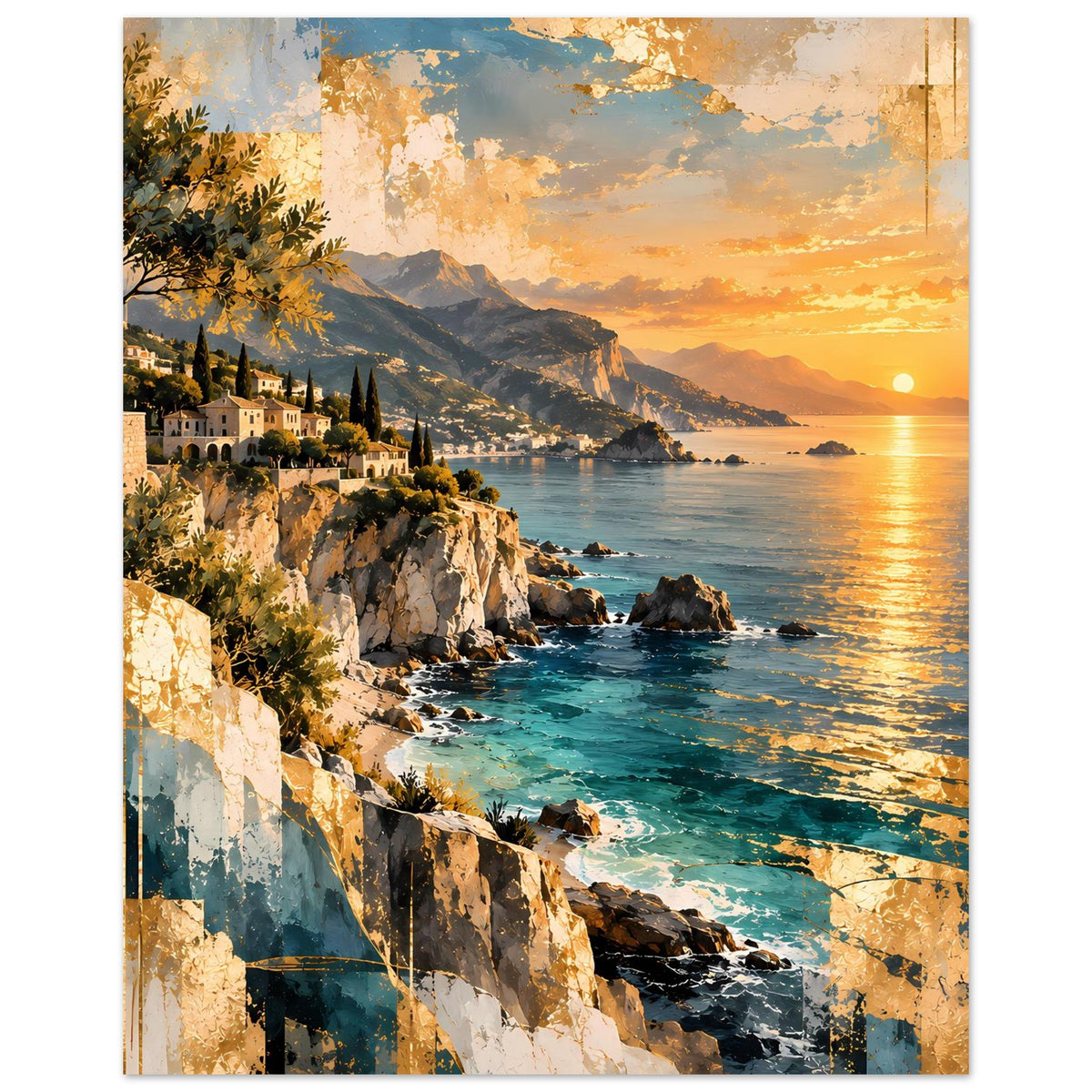 Poster im Hochformat mit Sonnenuntergang über dem Meer und Küstenklippen