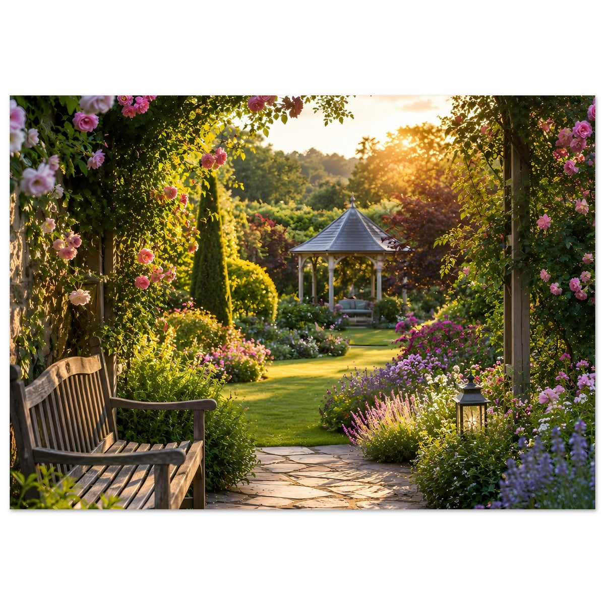 Naturposter: Gartenweg mit Holzbank, rosa und lila Blumenbeete sowie Pavillon im Hintergrund