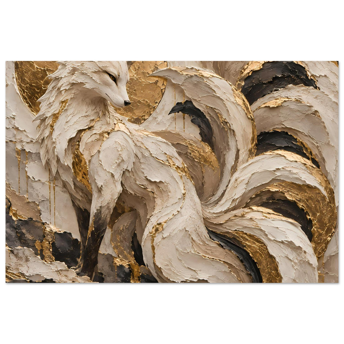 Kunstposter mit Fuchsmotiv, goldene Akzentflächen, beige Textur und dunkle Linien
