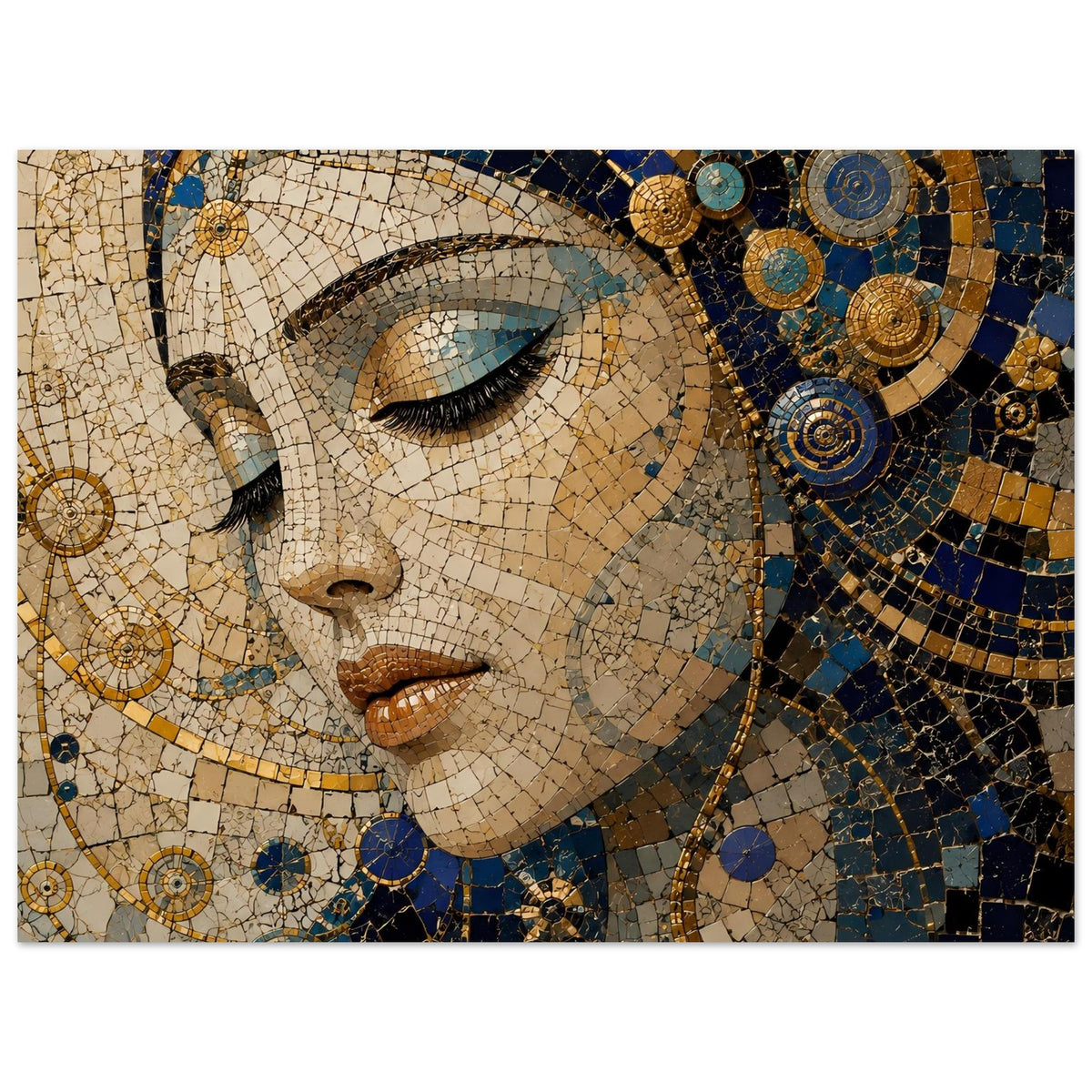 Mosaik-Porträtposter: Frauengesicht in Blau-Gold, Nahansicht mit Blick auf Augen