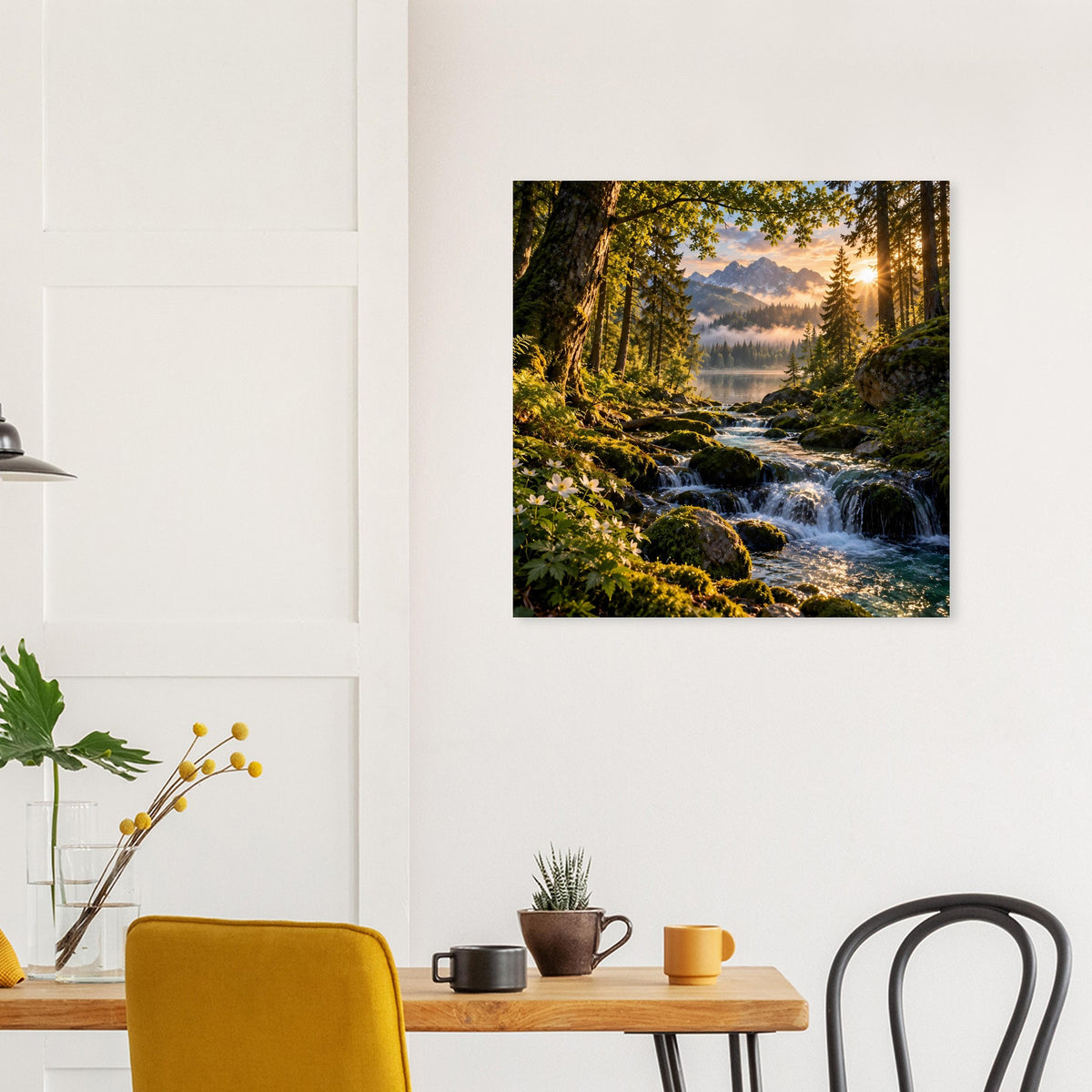 Wasserfall-Poster mit fließendem Wasser durch Wald, quadratisch, auf mattem Premiumpapier