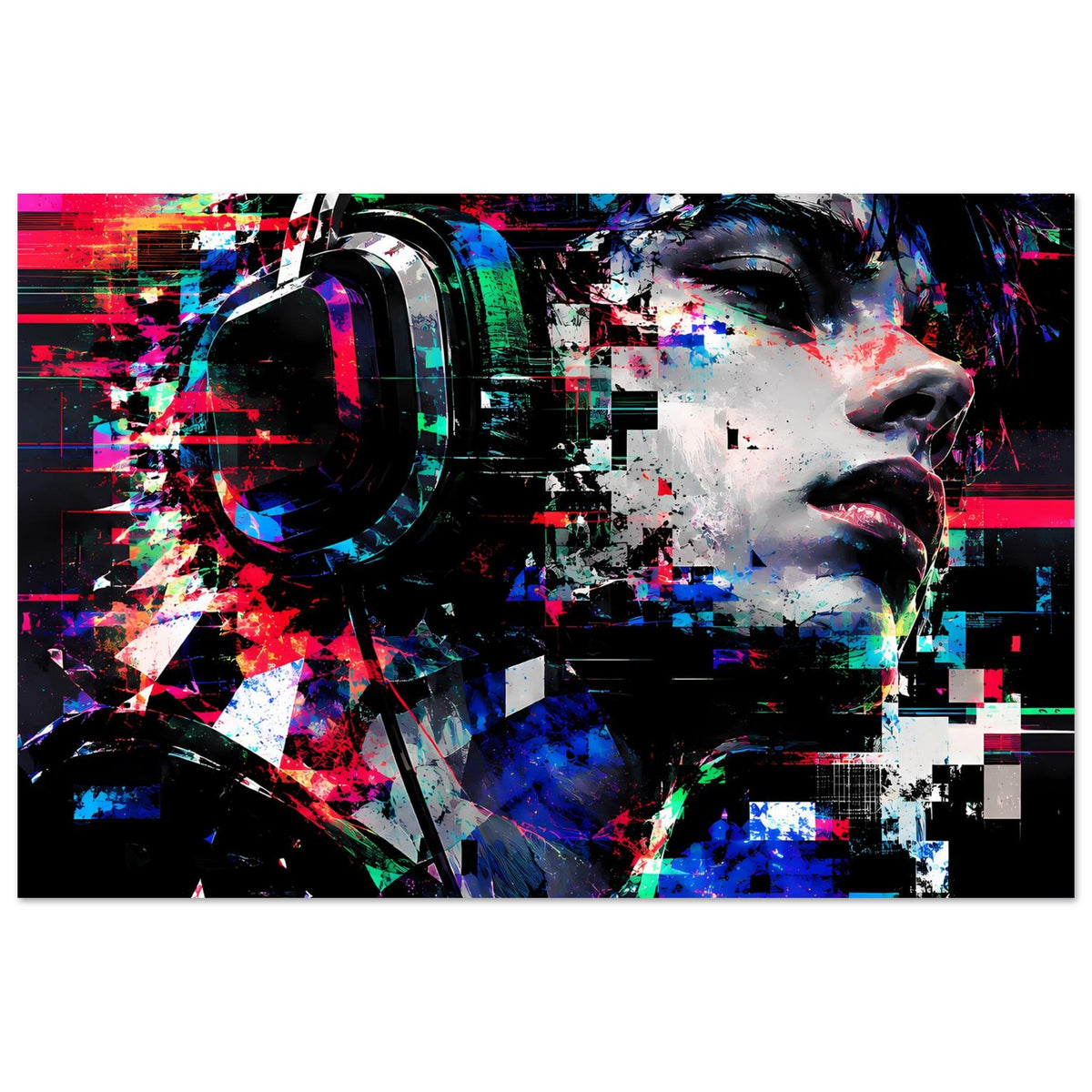 Poster mit digitalem Kunstmotiv: Gesicht in Neonfarben und grafischen Rechtecken, Querformat