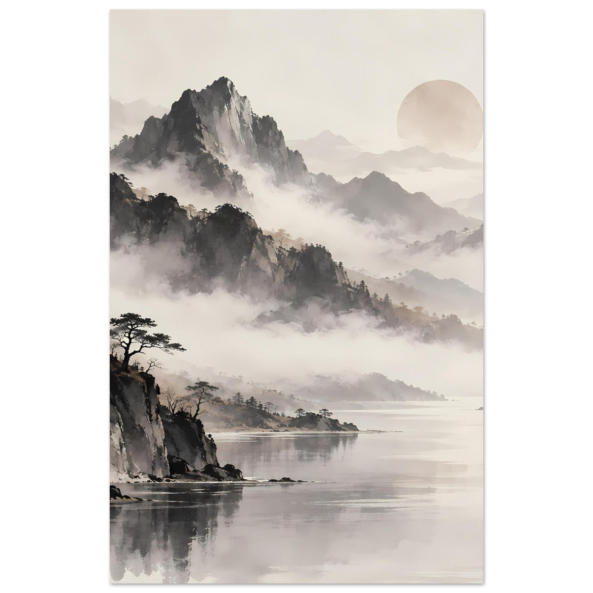 Hochformat-Poster mit nebligen Bergen in Schwarzweiß, Seeufer und rundem Mond im Himmel