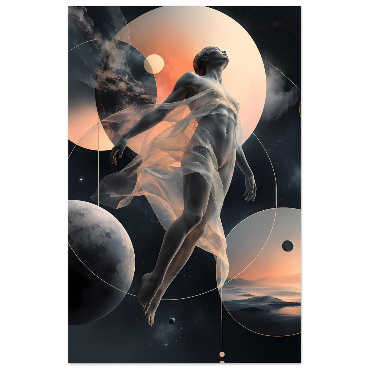 Vertikales Poster mit abstrakter Himmelsfigur und großen Planeten, Kreisen und schwebender Silhouette