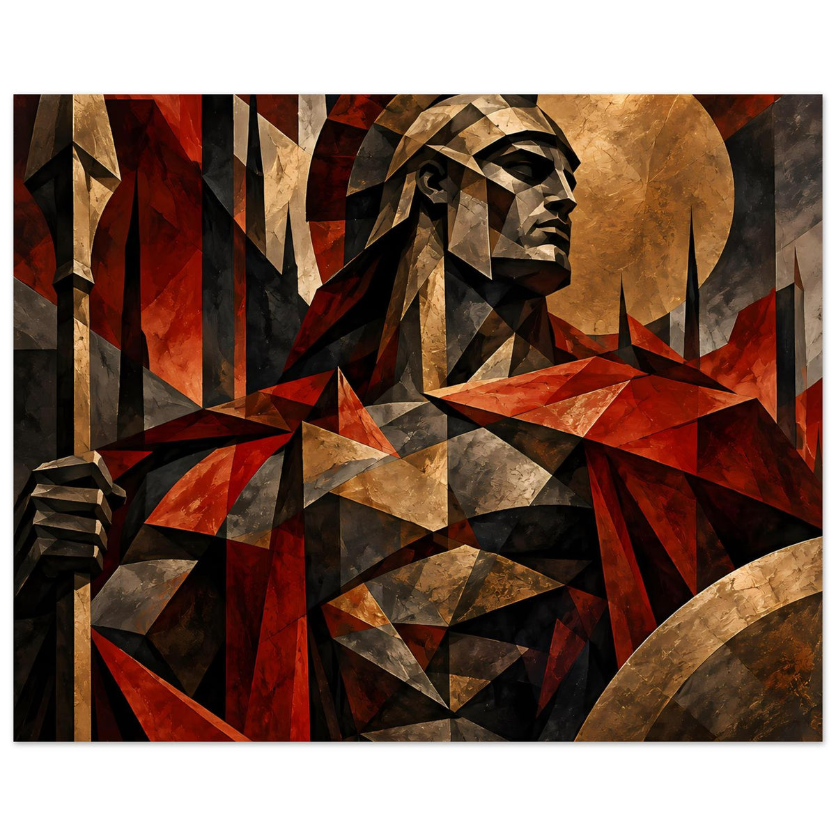 Poster im Querformat: Spartanerkrieger in Rot und Gold, geometrische Linien, Halbansicht.