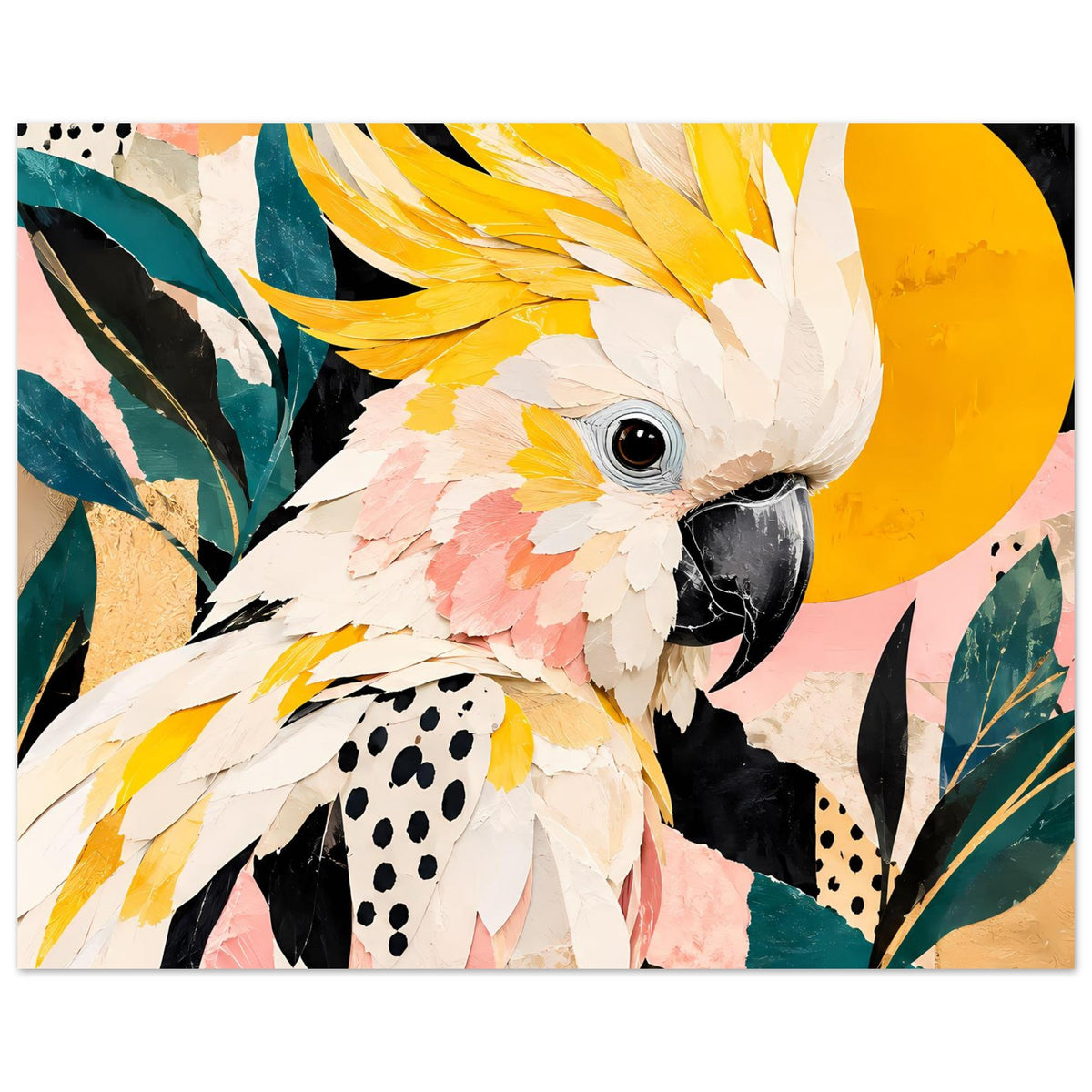 Vogelkunst-Poster mit Kakadu in Gelb, Rosé und Petrol