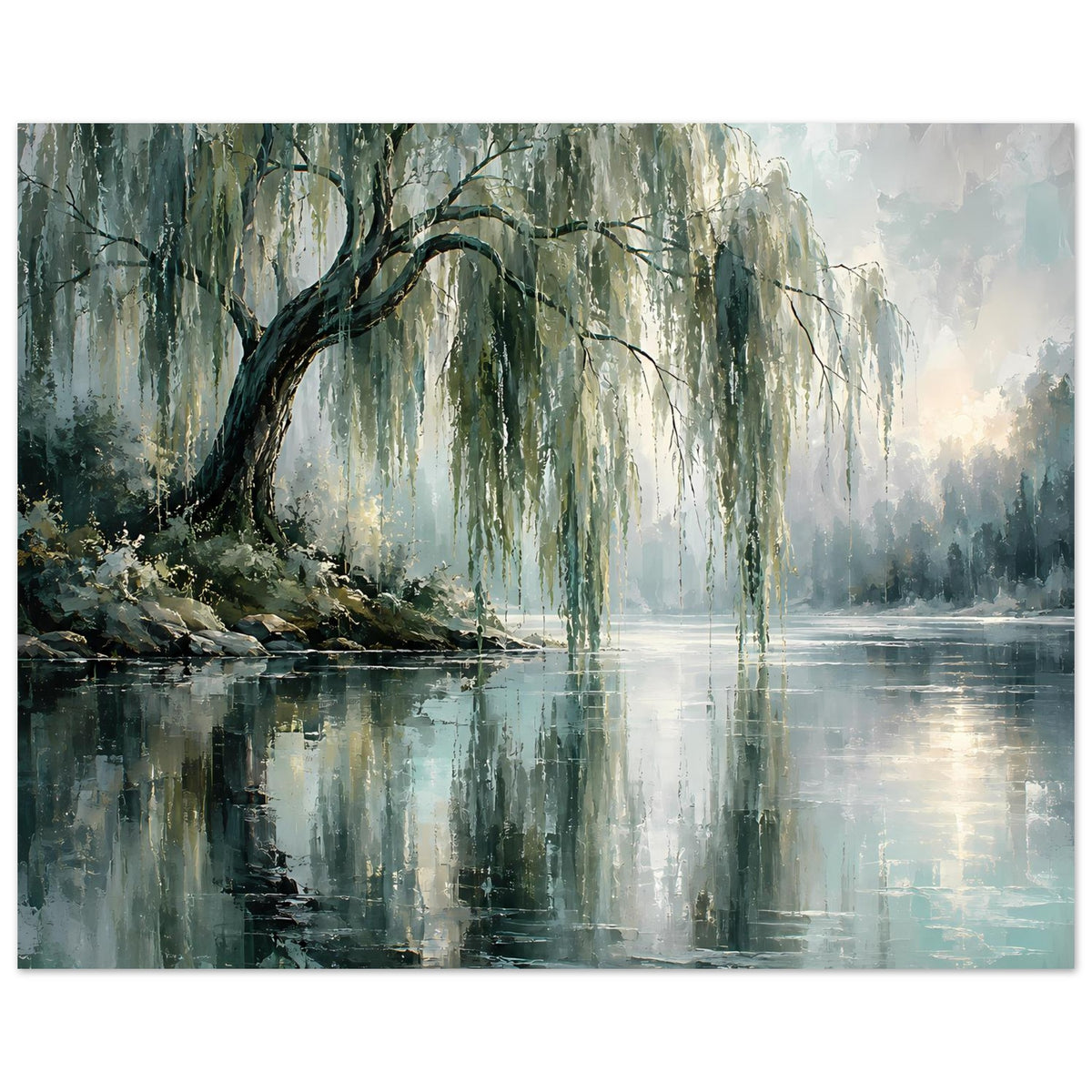 Poster mit Trauerweiden am See, breite Wasserfläche mit klarer Reflexion
