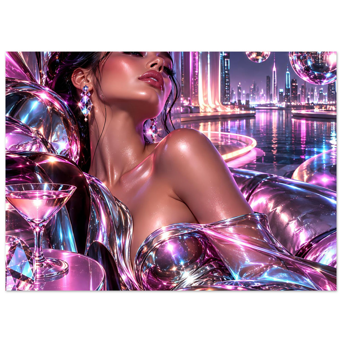 Neon-Glitzerposter: Frau mit Schmuckohrringen, schillernden Kugeln und futuristischem Ambiente