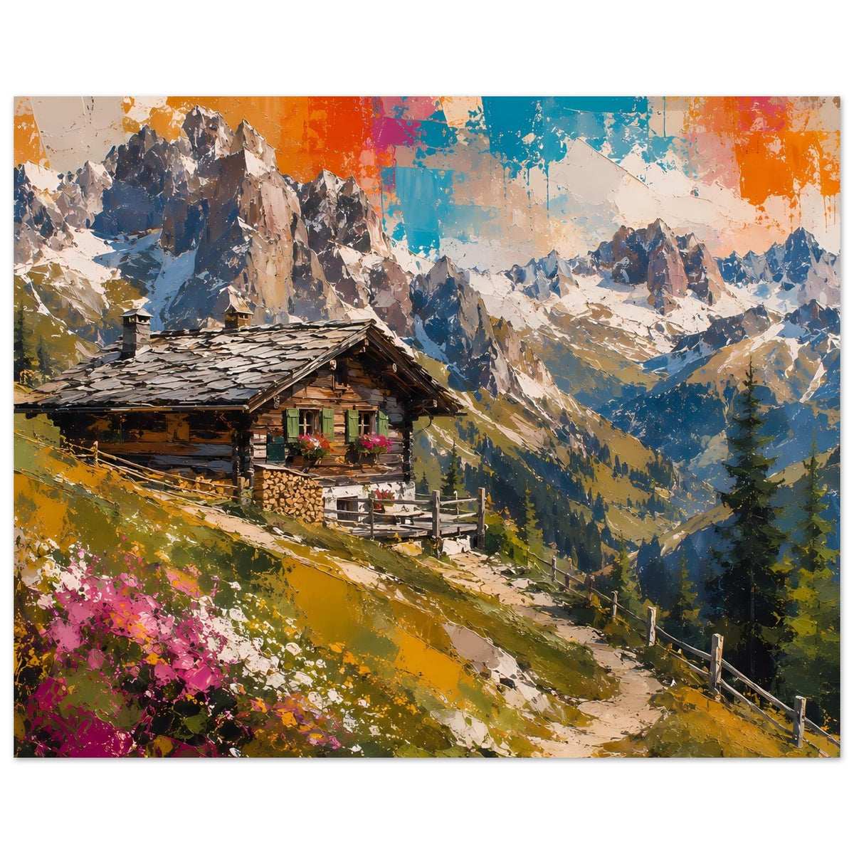 Poster im Querformat: Alpenhütte im Tal, Wiesenhang und abstrakter Himmel in kräftigen Farben