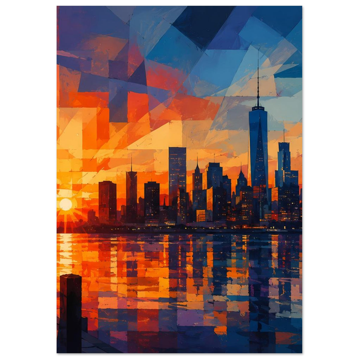 Hochformat-Poster mit geometrischer Skyline bei Sonnenuntergang, orange Licht, blaues Wasser