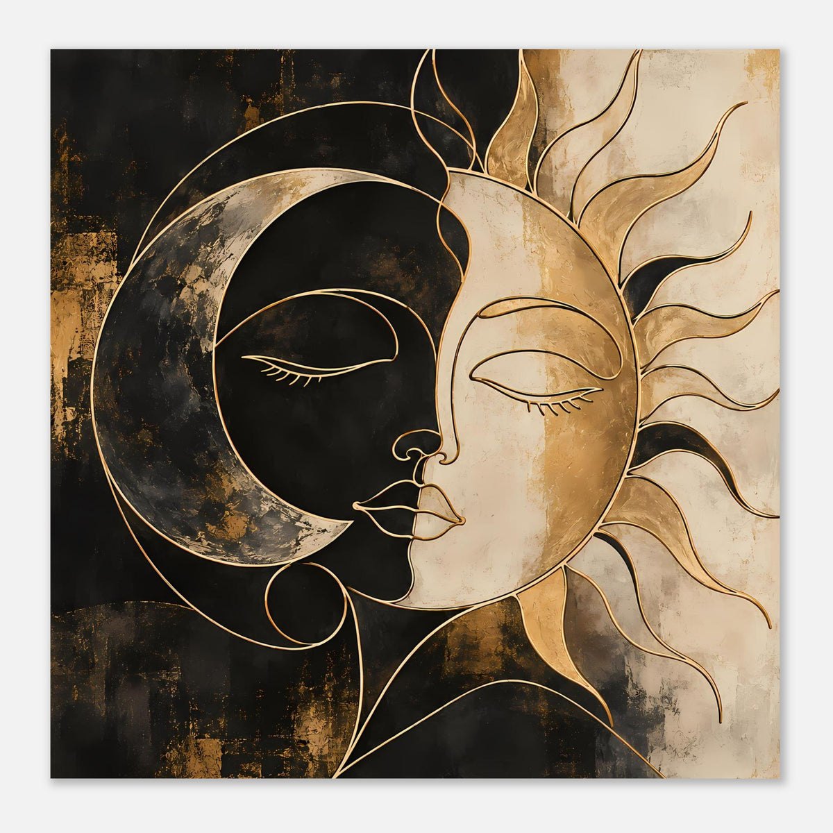 Kunstposter im Querformat: Yin-Yang-Gesichter mit Mond links und Sonne rechts, goldfarbene Konturen