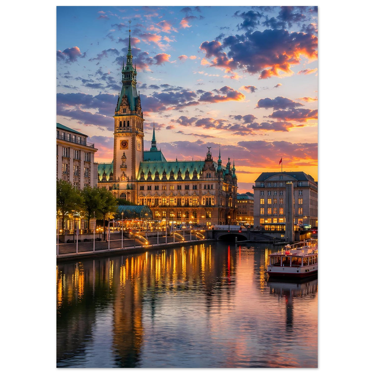Stadtlandschafts-Poster im Hochformat mit beleuchtetem Dom und reflektierendem Fluss
