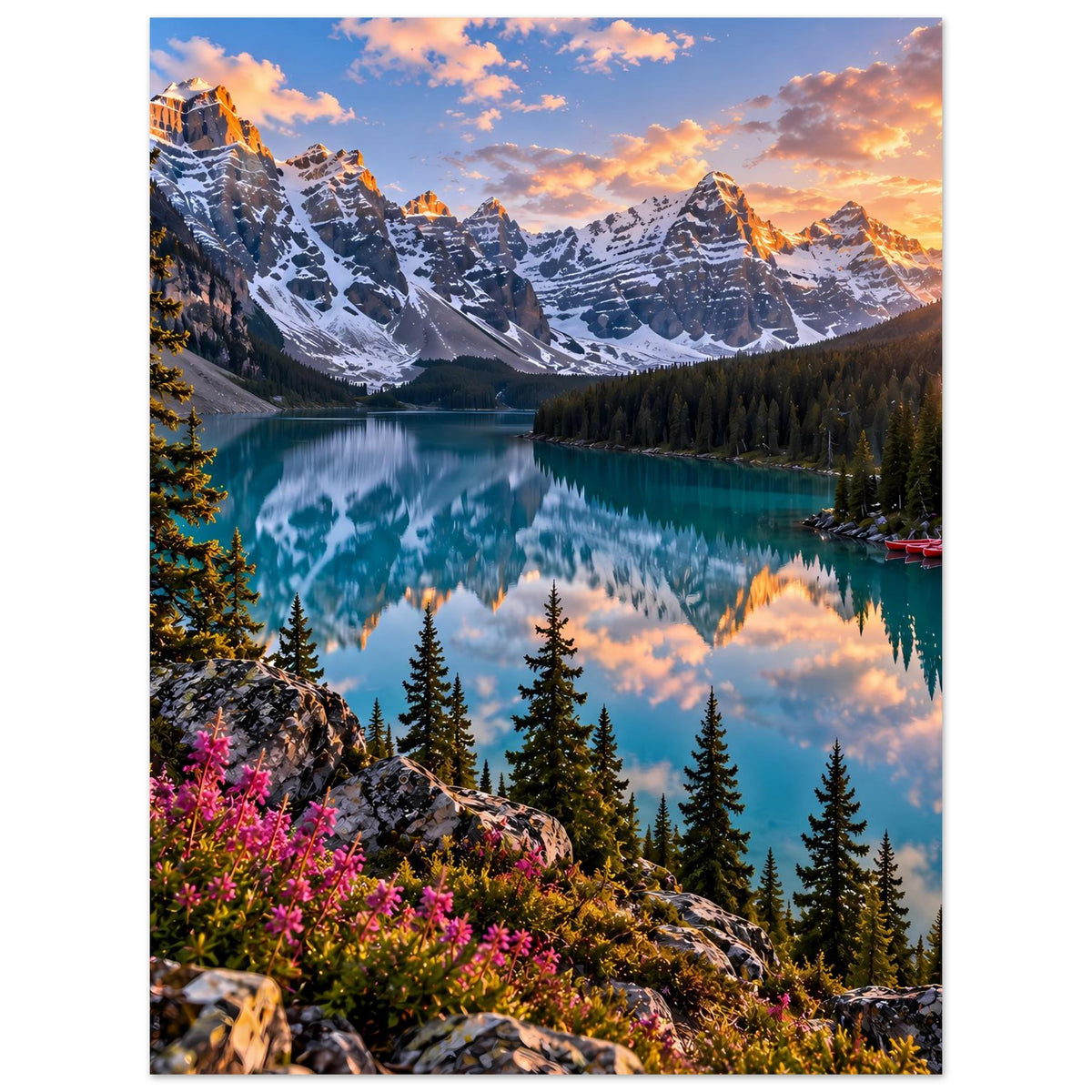 Hochformat-Wandposter mit Bergsee, schneebedeckten Bergen, Nadelwald und türkisfarbenem Spiegelbild