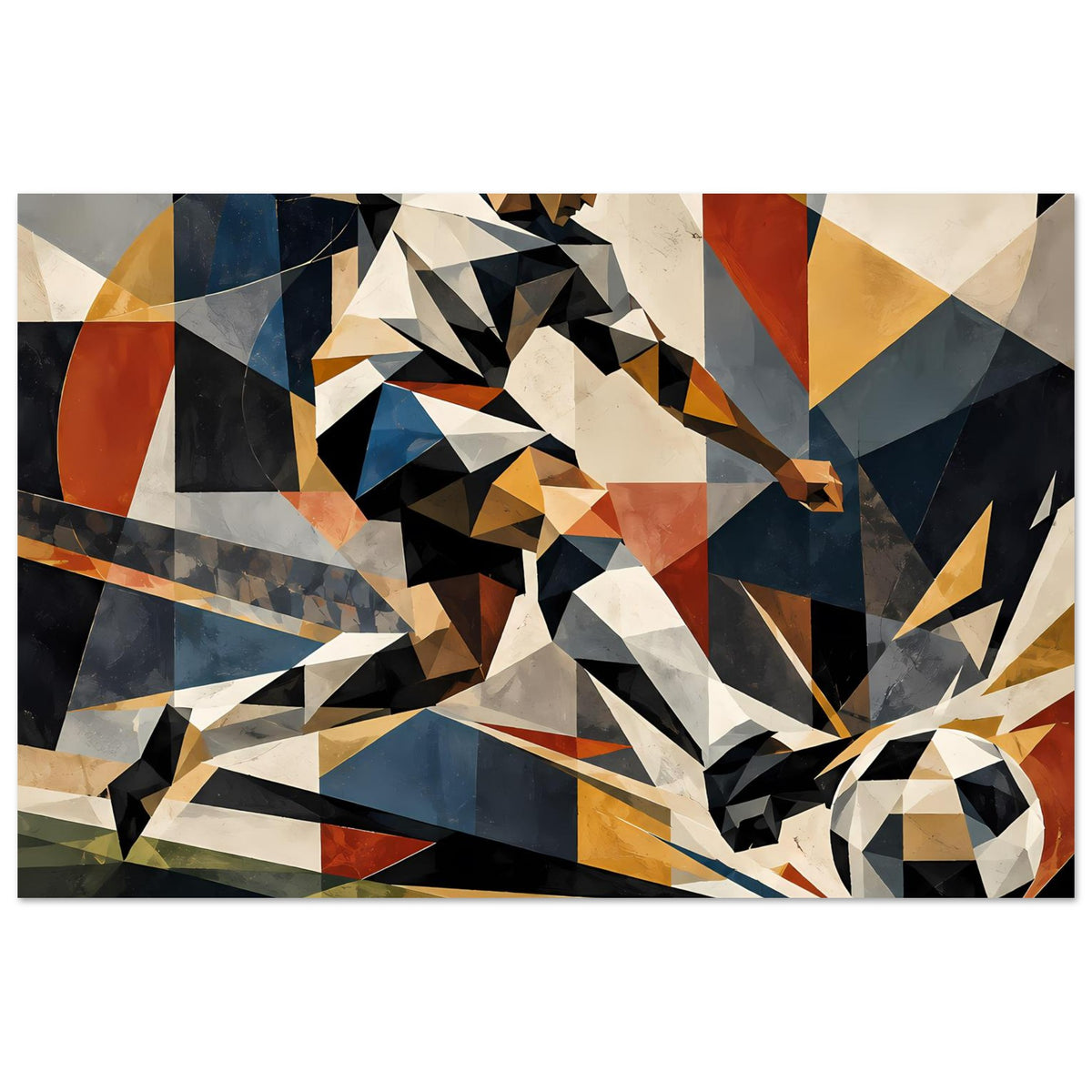 Poster mit abstraktem Fußballspieler, kantiges Geo-Design in Blau, Orange und Schwarz
