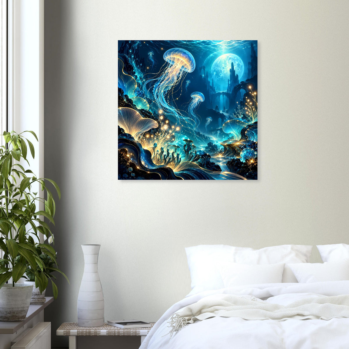 Unterwasserwelt-Poster mit Quallen und gold schimmernden Wellen in tiefem Blau