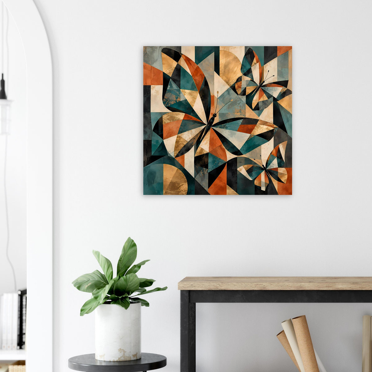 Quadratisches Kunstposter mit geometrischen Schmetterlingen in Dunkelgrün, Braun und Beige