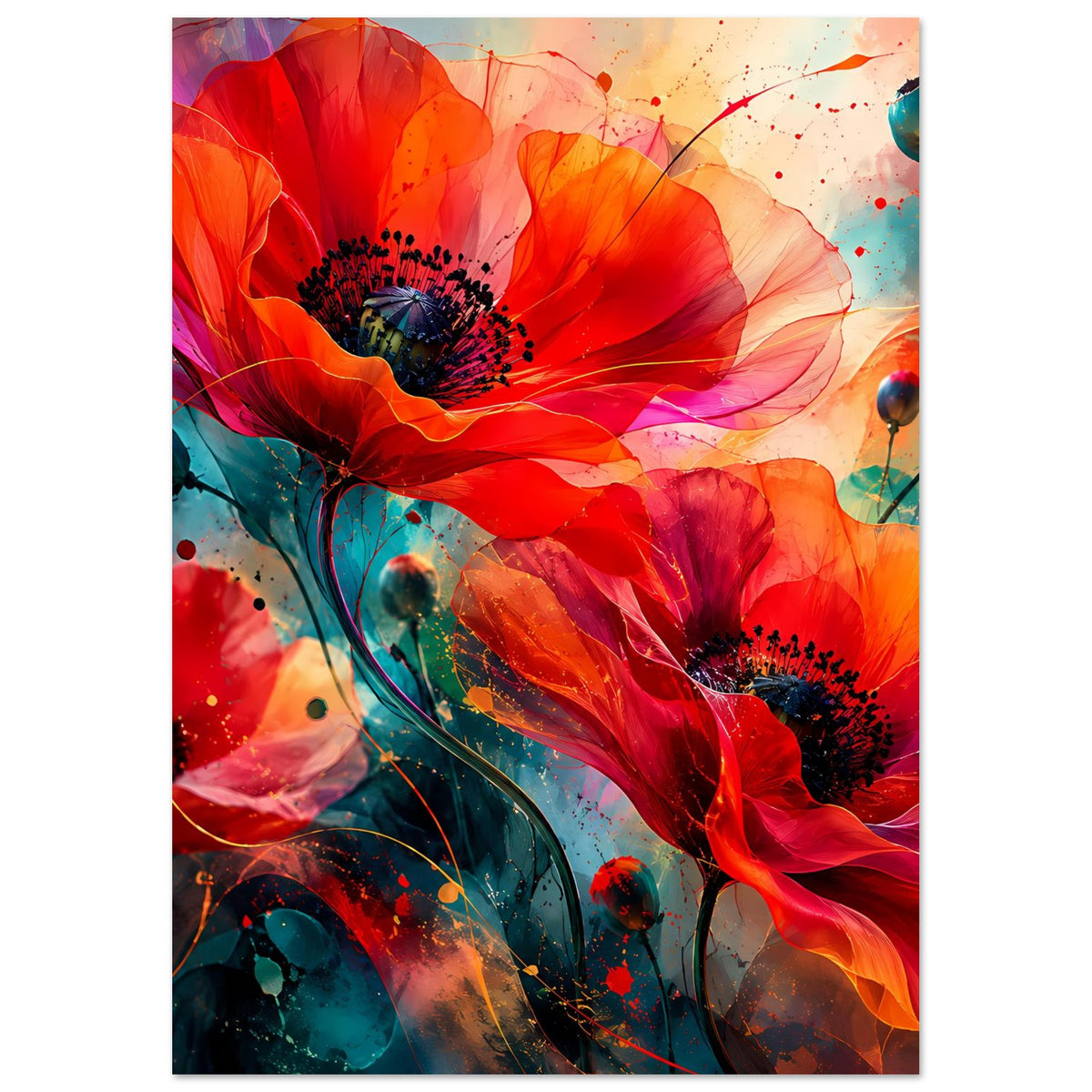 Vertikales Blumen-Artposter mit roten Blüten, blauem Hintergrund und Spritzdekor