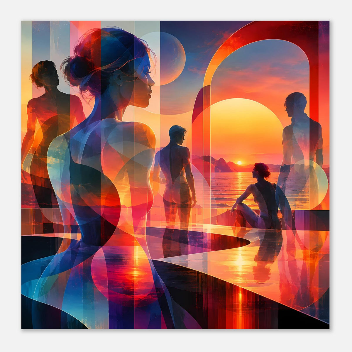 Kunstposter mit zentraler Frauen-Silhouette, abstrakten Körperfiguren und Sonnenuntergang im Bild