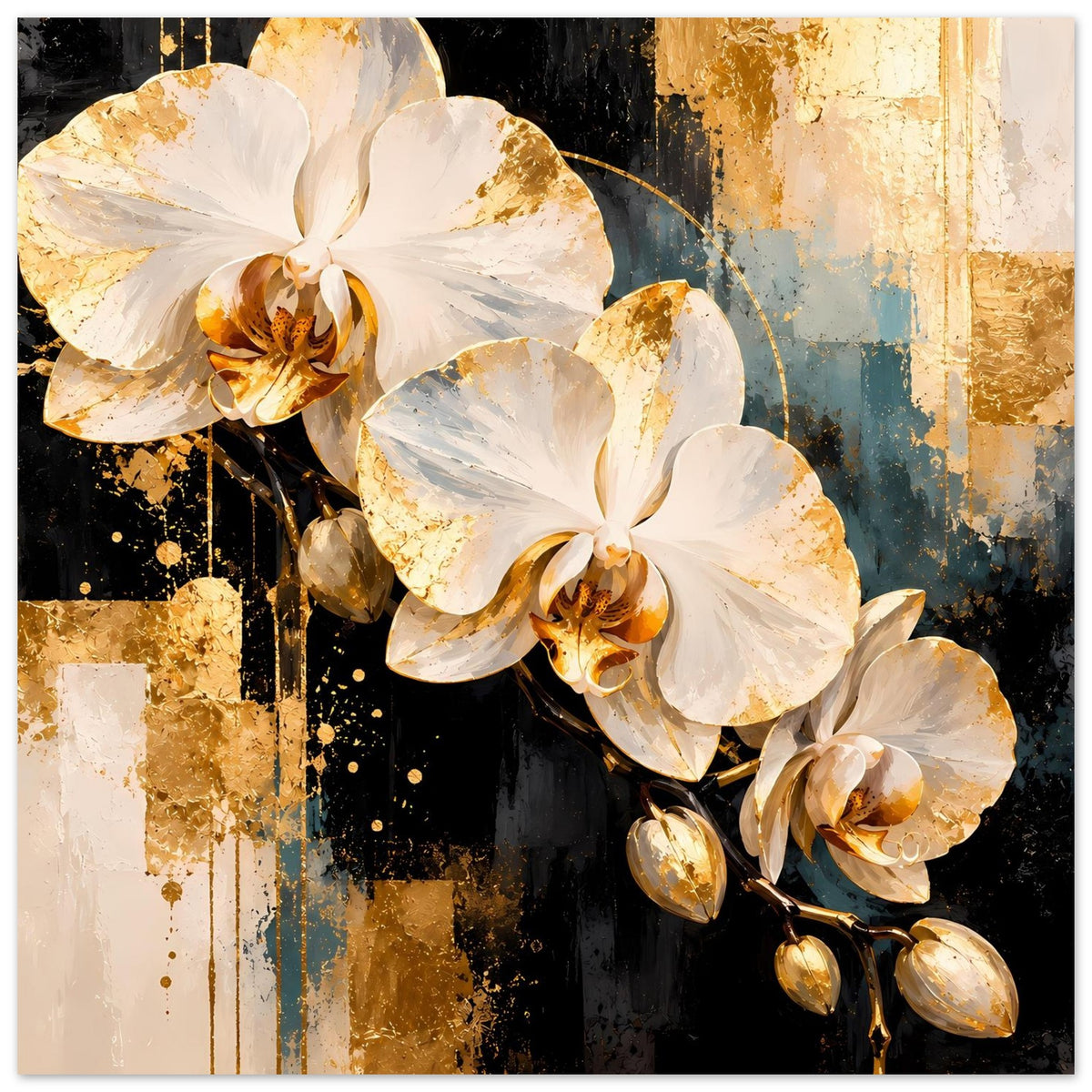 Poster mit weißen Orchideenblüten und goldenen Akzenten, Blumen und goldene Highlights