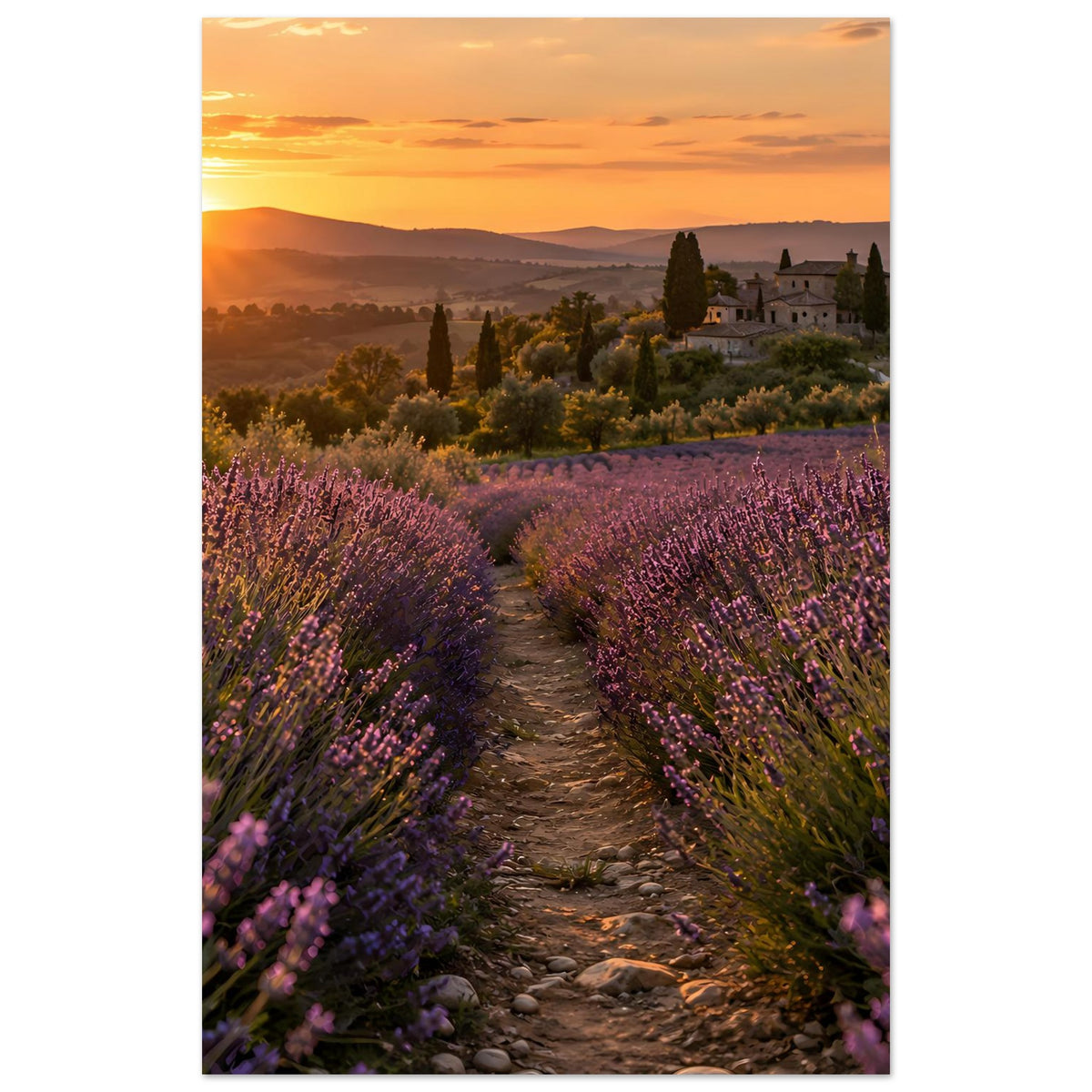 Landschaftsposter mit Lavendelfeld, schmalem Weg und Schloss im Sonnenuntergang