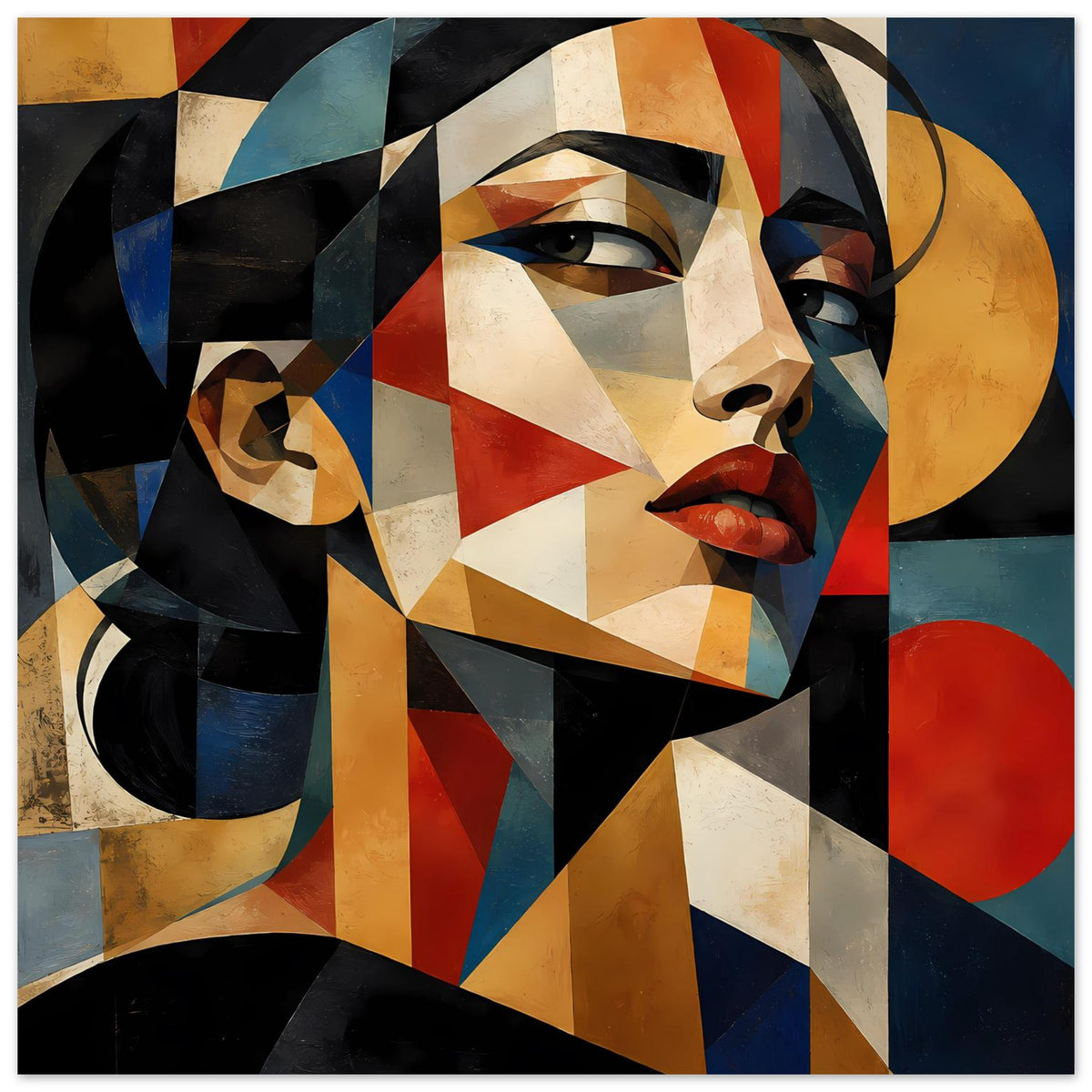 Geometrisches Porträtposter mit abstraktem Gesicht, warmen Braun- und Rottönen, Blau und Schwarz