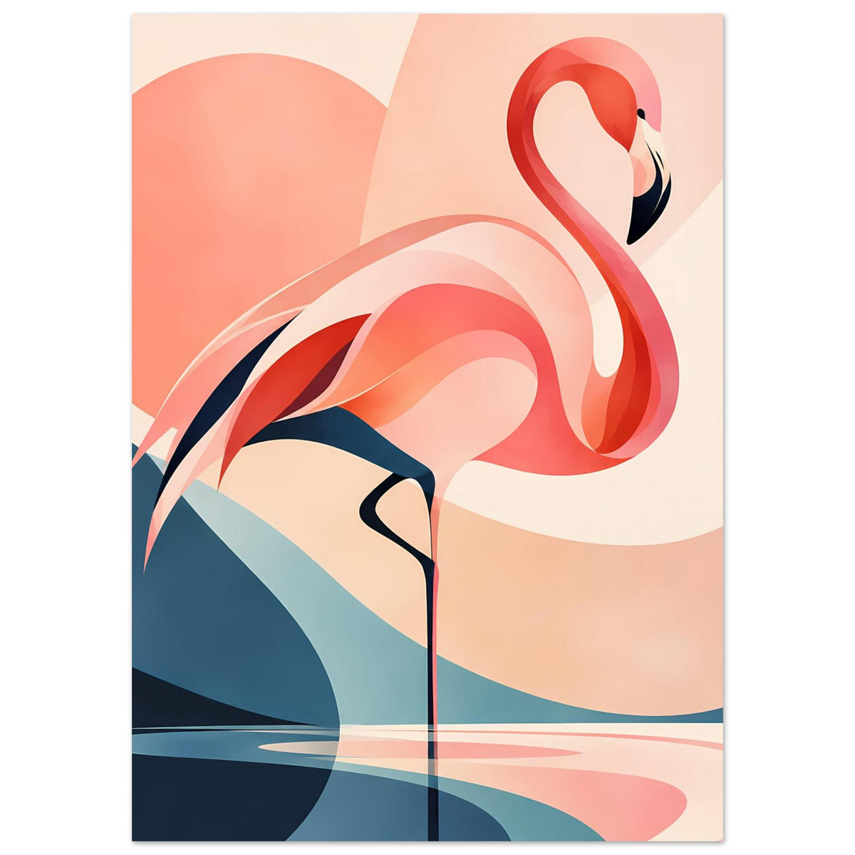 Flamingo-Sonnenuntergangs-Kunstdruck mit Flamingo-Kopf, großen Kreisen und Wellenoptik