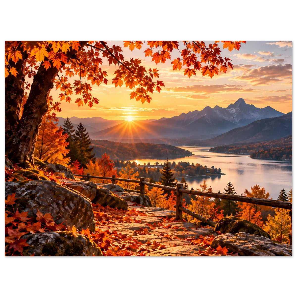 Herbstlandschafts-Poster: Panorama mit Sonnenball, Bergkette, Seeufer und Blättern im Vordergrund