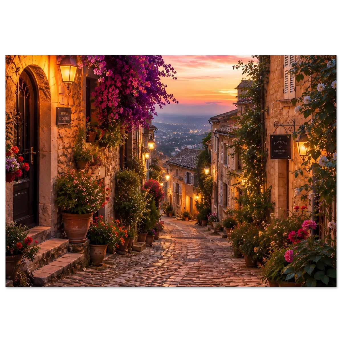 Breites Poster einer beleuchteten Altstadtgasse mit Blumen und warmem Sonnenuntergang