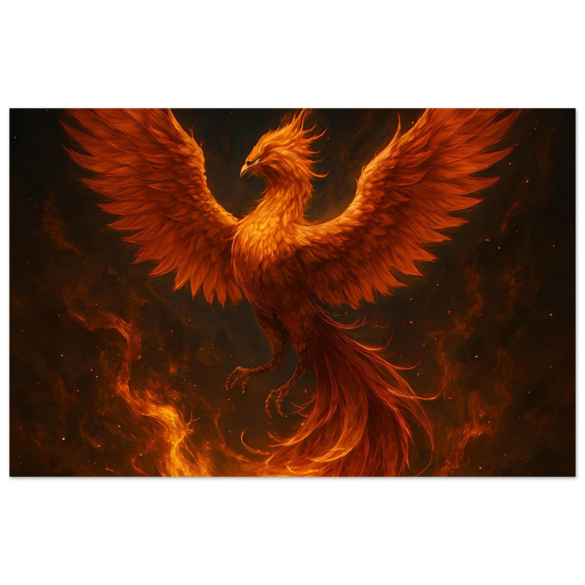 Feuriges Phönix-Poster (Querformat) mit Phönixsilhouette aus Feuer und glühenden Partikeln