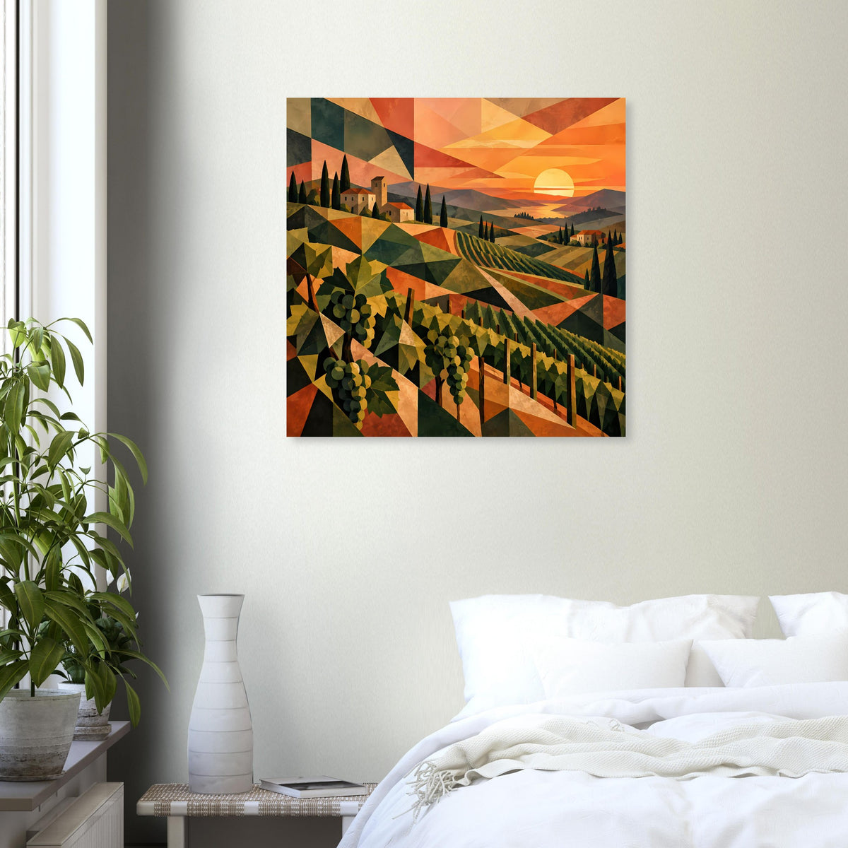 Poster mit Weinreben im Tal, orangefarbene Sonne und orange-braune Farbflächen
