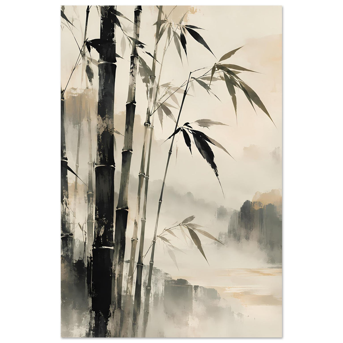 Wandposter im Hochformat: Bambusstauden, nebelige Ferne und ruhige Wasserfläche in Beige