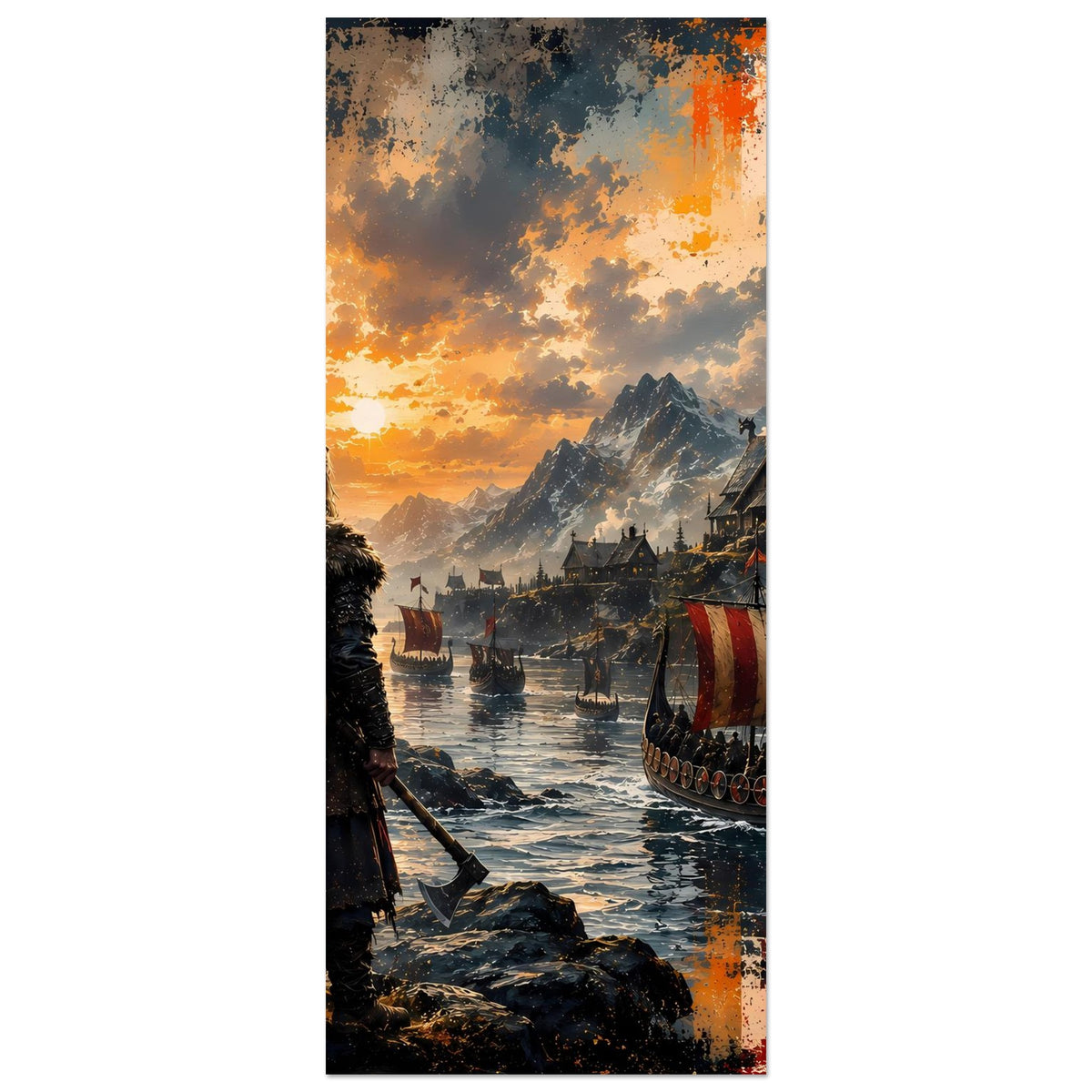 Wikinger-Saga-Poster-Ausschnitt: Berge, Wolken und Langboot am Wasser bei Sonnenuntergang