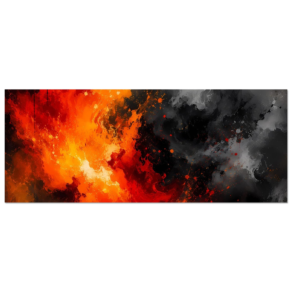Abstraktes Feuer- und Rauchposter, Querformat: orange/rot links, grau/schwarz rechts