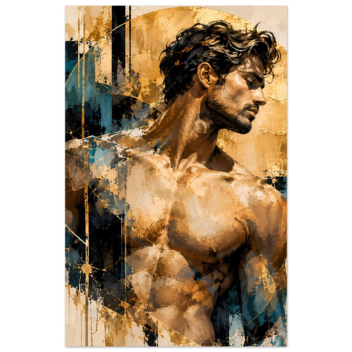 Kunstposter im Hochformat mit Akt: Mann im Halbprofil, goldene und blaue Akzente
