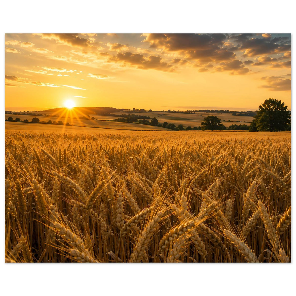 Wandposter Panorama: goldenes Weizenfeld, Sonne am Horizont, Landschaft in der Ferne