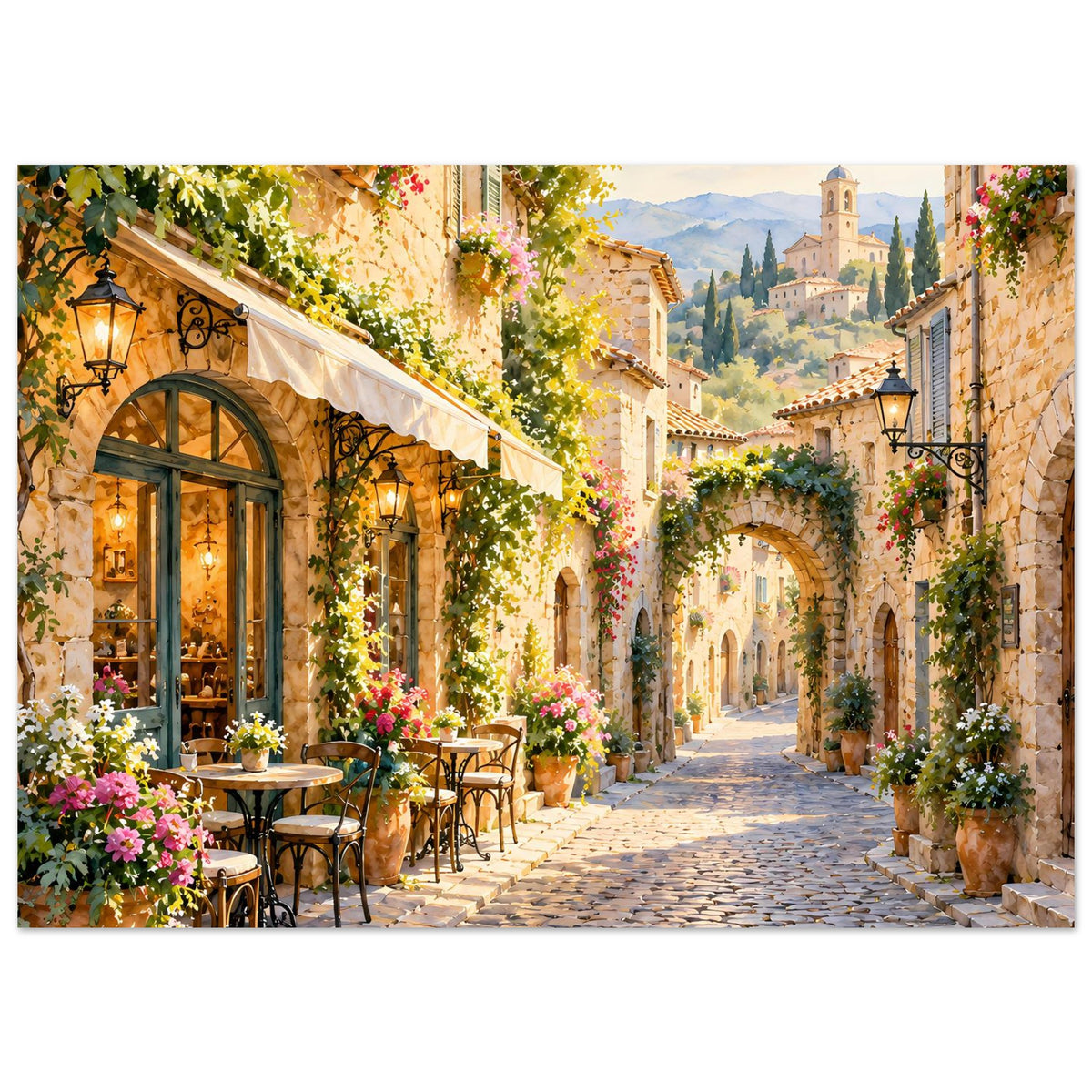 Poster einer mediterranen Dorfstraße mit Blumen, Torbogen und Bergkirche