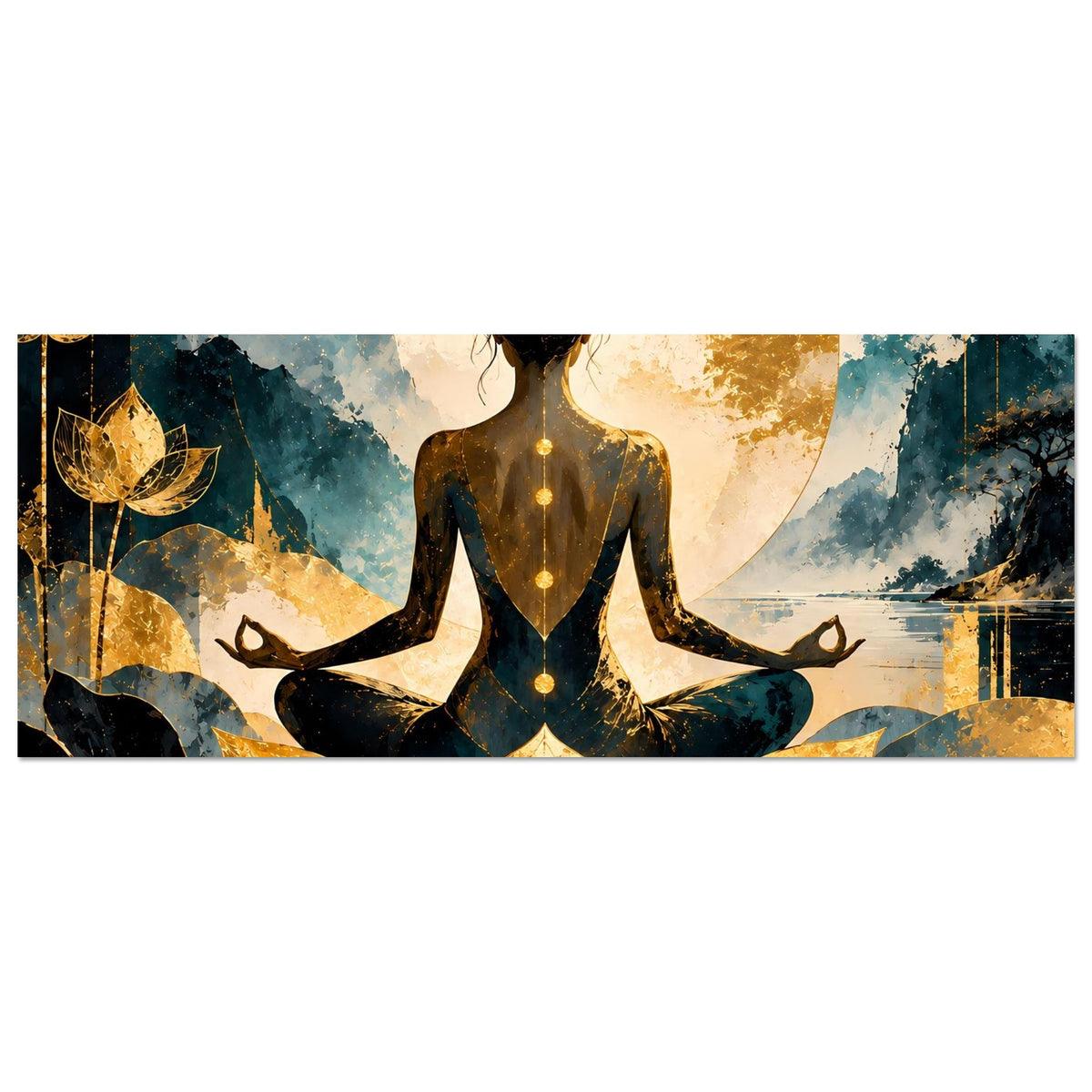Horizontales Lotus-Poster: meditierende Silhouette, goldener Kreis, blaue Blumen und Vögel
