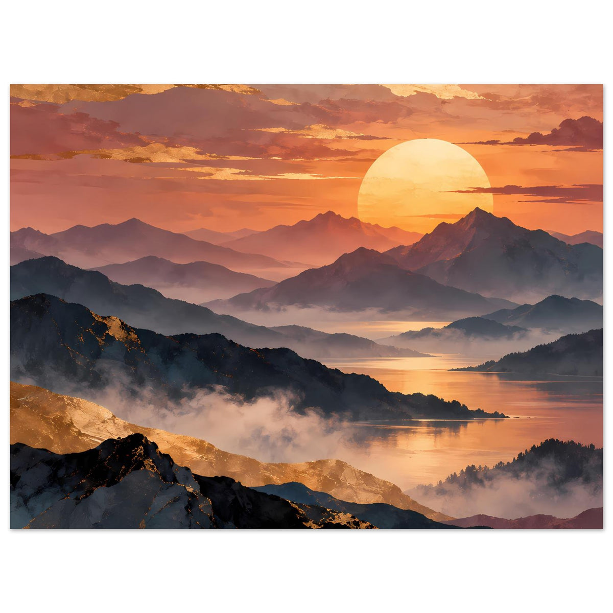 Querformatiges Poster mit Sonnenuntergang, Bergmassiv, Nebel und Seeufer