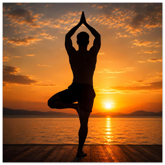 Yoga-Poster mit schwarzer Silhouette im Einbein-Stand, Arme über dem Kopf, Sonnenuntergang im Hintergrund
