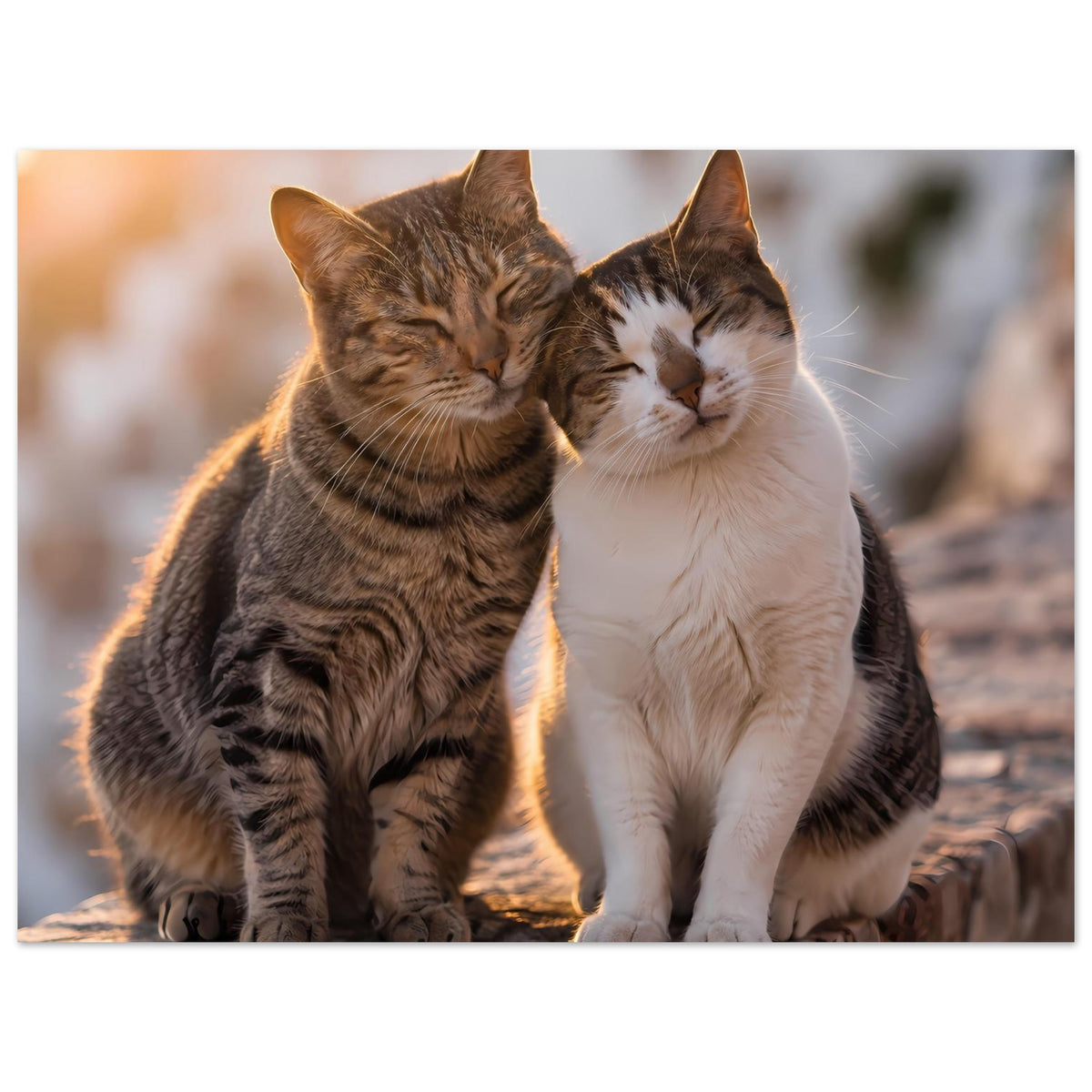 Katzenposter: zwei kuschelnde Katzen, braun getigert und weiß-grau, an Steinmauer