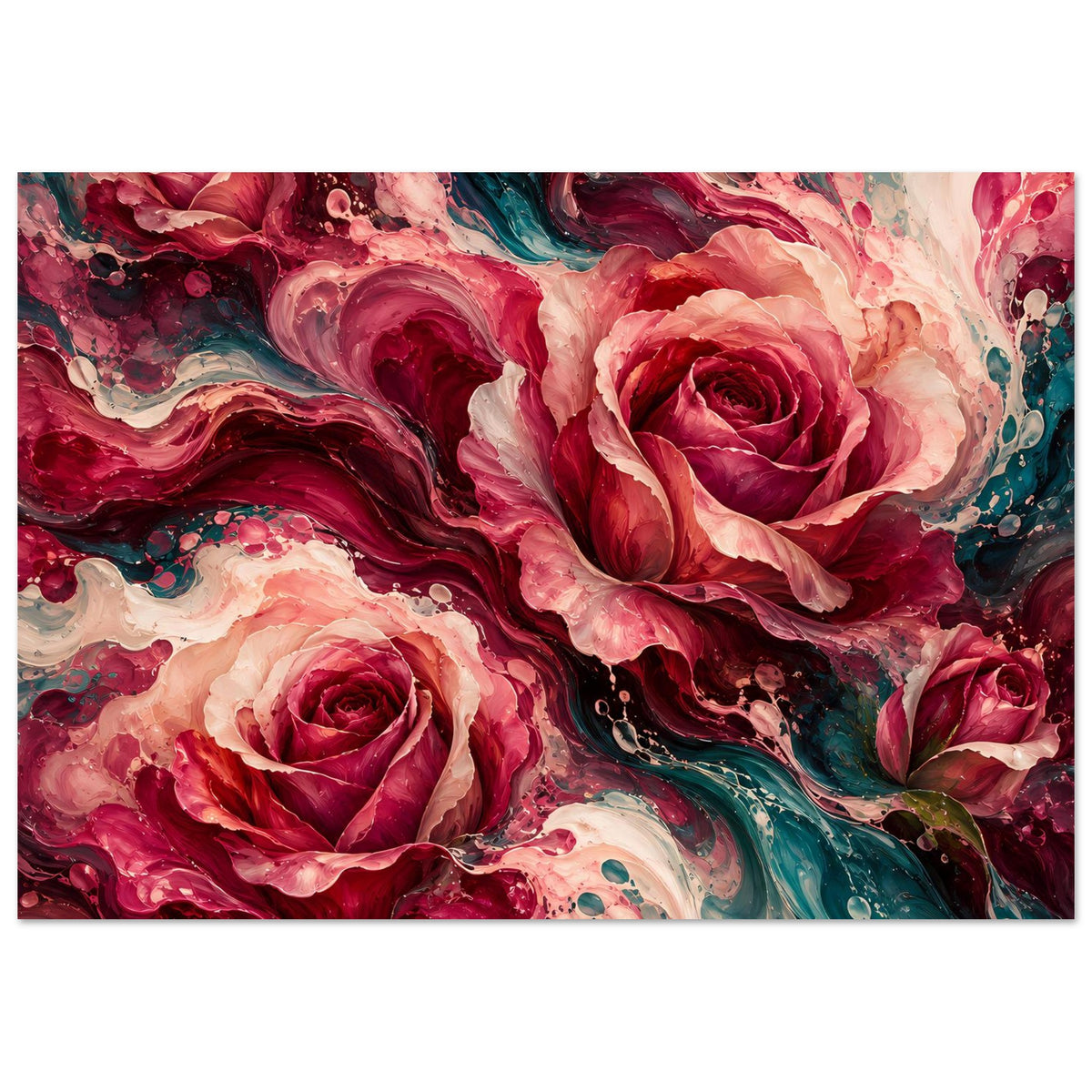Blumenposter mit großen Rosen in Rot, Pink und Türkis, dynamische Farbströme und Sprenkel