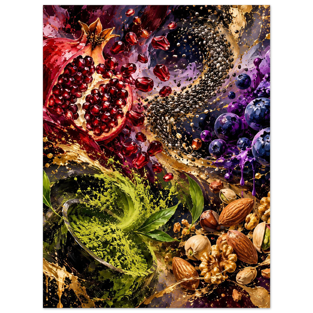 Poster mit Granatapfel, grünen Kräuterblättern, violetten Beeren und bunten Gewürzspritzern